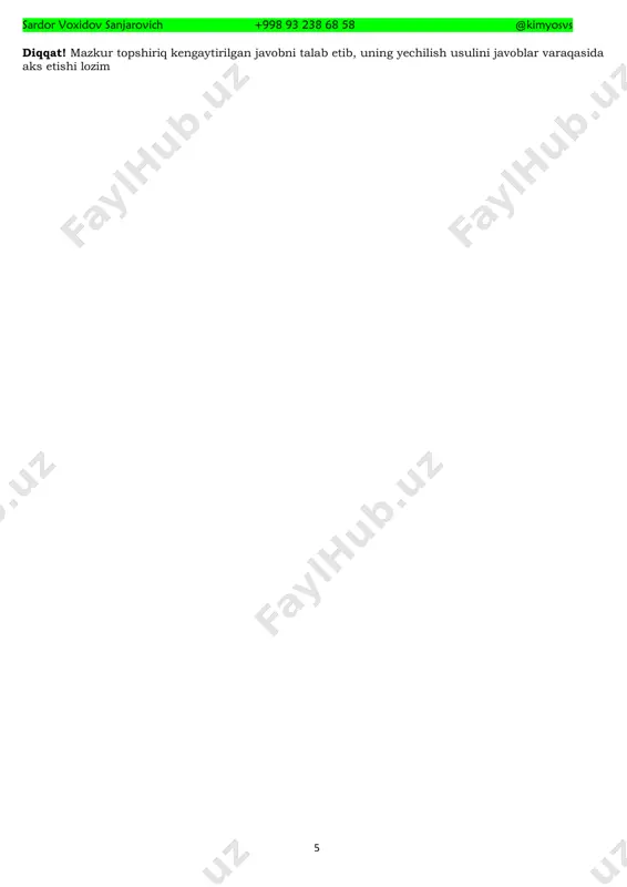 _____________ diqqat! javobingizni javoblar varaqasiga ko‘chirib yozing. 41. topshiriqni bajarish jarayonida barcha reaksiya tenglamalarini yozing. miqdoriy va arifmetik hisoblashlarni (unga asos bo‘lgan usul yoki formulani ko‘rsatgan holda) uzviy ketma-ketlikda bajaring. 41. 5160g mis (ii) sulfatning x % li eritmasi 6,7a tok bilan elektroliz qilinagdan hosil bo’lgan eritma – 1 da elekrolitlarning massa ulushlari tenglashdi. hosil bo’lgan eritmaga ph = 7 bo’lgan eritma olguncha 2m li 645ml naoh eritmasidan qo’shilganda eritma – 2 hosil bo’ldi. eritma – 2 dan sulfat ionlarini to’liq cho’ktirish uchun quruq holatdagi ba(oh)2 dan ekvivalent miqdorda qo’shilganda eritma - 3 hosil bo’ldi. eritma – 3 ga ma’lum massada suv qo’shilagdan yangi eritma ph = 13 qiymatga ega bo’ldi. sardor voxidov sanjarovich +998 93 238 68 58 @kimyosvs 4 1. x topilsin. 2. elektroliz necha soat davom etgan 3. eritma – 2 massasi (g) topilsin. 4. qo’shilgan suv massasi (g) topilsin. diqqat! mazkur topshiriq kengaytirilgan javobni talab etib, …