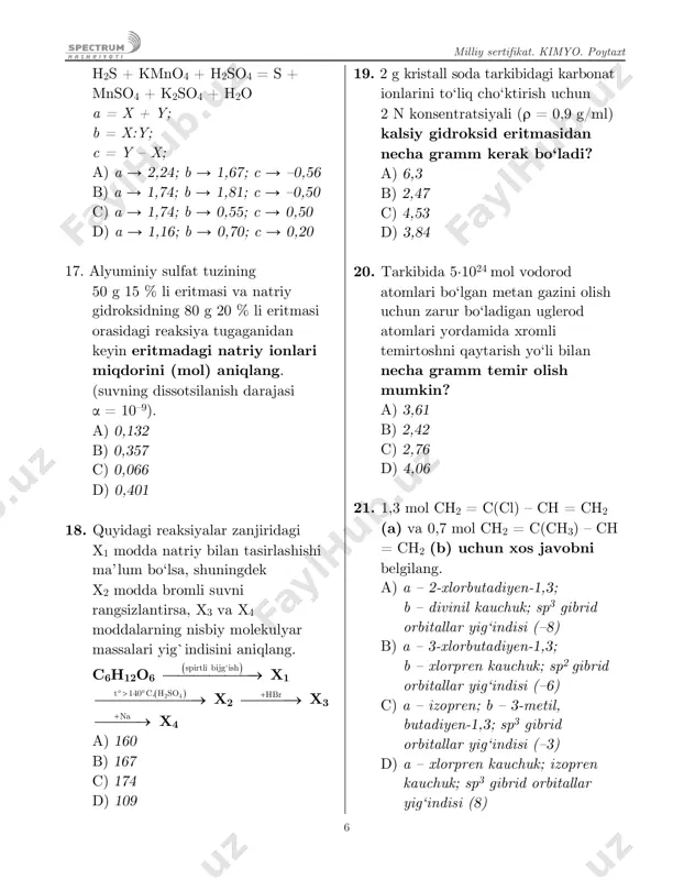 –3 c) 4,48·10–1 d) 2,24·10–2 28. 550 gramm kraxmal gidrolizidan hosil bo‘lgan mahsulotga kumush oksidi qo‘shilganda hosil bo‘lgan metallning miqdorini (mol) toping. a) 5,62 b) 6,79 c) 4,28 d) 3,85 29. tibbiyot amaliyotida yurakni davolashda kaliy va magniyning aminoqahrabo (asparagin) kislota bilan hosil qilgan tuzlari aralashmasi tabletkalar holida qo‘llanadi. har bir tabletkada o‘zida 11,8 mg magniy tutgan 140 g magniyli tuz, va o‘zida 36,2 mg kaliy tutgan 0,158 g kaliyli tuz mavjud. bu dori tarkibidagi moddalar tuzlarning qaysi turiga mansub ekanini toping. a) o‘rta tuzlar b) nordon va o‘rta tuz c) nordon tuzlar d) asosli va o‘rta tuz 30. quyidagi amonokislotalar fenolftalein rangini qanday o‘zgartiradi: a) fenilalanin; b) lizin; c) glutamin; 1) rangsiz; 2) pushti; 3) rangsiz. a) a – pushti, b – rangsiz, c – rangsiz b) a – rangsiz, b – pushti, c – rangsiz c) a – rangsiz, b – pushti, c – pushti d) a – …