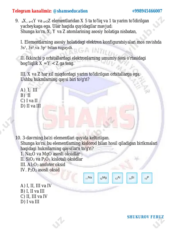 qaysi biri to'g'ri? a) i b) ii c) iii d) i va ii 29. javoblarda qaysi biri orto-gidroksoanilinning stirukturaviy izomeri hisoblanadi? telegram kanalimiz: @shamseducation +998945466007 shukurov feruz 30. 1 mol alkanning yonishi natijasida hosil bo’lgan moddalar ifodalangan grafikka asoslanib alkanni toping. a) butan b) pentan c) propan d) etan 31. temir(ii) va temir(iii) oksidlari aralashmasi konsentrlangan nitrat kislota tasirida yagona oksidlanish-qaytarilish reaksiyasi sodir bo’lib yagona tuz hosil bo’ldi va 6,72 l (n.sh) ga zajraldi. eritma quritildi tarozida tortildi uning massasi 121 g ni tashkil qildi. dastlabki aralashmadagi temir (ii) oksid massasini toping. a) 37,6 b) 17,8 c) 16 d) 21,6 32. x tuzi eritmasi solingan ikkita probirka joylashtirildi. birinchi probirkaga y moddasi eritmasi qo'shildi, hosil bo'lgan aralashma qizdirildi va gaz ajralib chiqishi kuzatildi. ikkinchi probirkaga kaliy permanganatning kislotali eritmasi qo'shildi, natijada rangsiz eritma hosil bo'ldi, gaz ajralib chiqishi telegram kanalimiz: @shamseducation +998945466007 shukurov feruz kuzatilmadi. ro'yxatdan taklif qilingan reaksiyalarga kirisha …