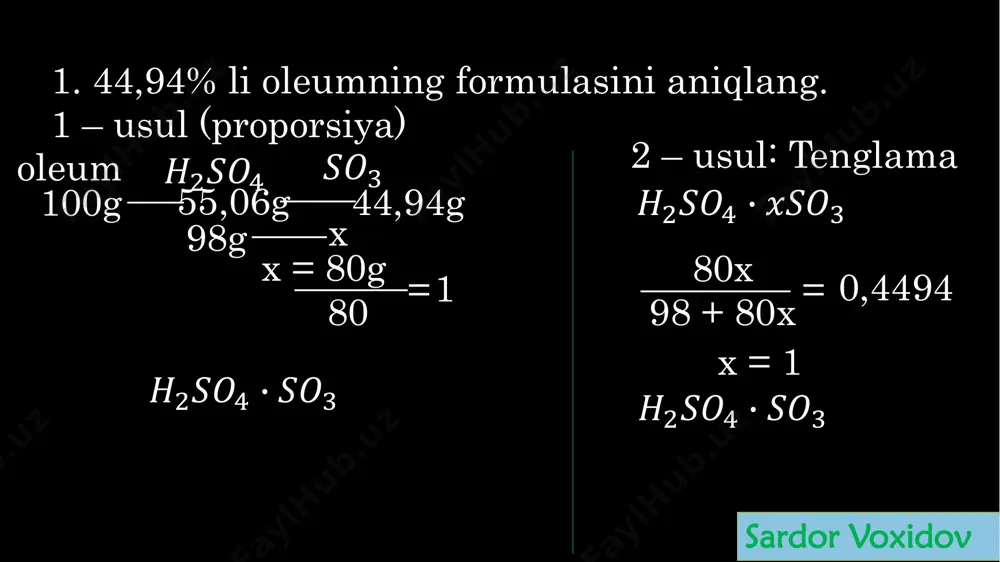 topilsin. a) 31,36 b) 58,24 c) 28,6 d) 30,2 146g +h 2 so 4 ∙ 0.6so 3 0,6𝐻2𝑂→ 𝐻2𝑆𝑂41,6 ________________ 156,8g 102,2g ___________ x x = 109,76g → hosil bo’lgan kislota 102,2g + 247,8g = 350g _______ 100% 109,76g ____ x x = 31,36% sardor voxidov h2so4∙0.8so3 tarkibli 121,5g oleum, 128,5g suvda eritilganda hosil bo’lgan eritma konsentratsiyasi topilsin. javob: 52,92% 162g +h 2 so 4 ∙ 0.8so 3 0,8𝐻2𝑂→ 𝐻2𝑆𝑂41,8 ________________ 176,4g 121,5g ___________ x x = 132,3g → hosil bo’lgan kislota 121,5g + 128,5g = 250g _______ 100% 132,3g ____ x x = 52,92% sardor voxidov 1 – usul tenglama 44. 120g suvda qanday massada (g) h 2 so 4 ∙1,1so 3 eritilganda hosil bo’lgan eritma 26,18% li bo’ladi? a) 27,9 b) 36,36 c) 54 d) 37.2 h 2 so 4 ∙1,1so 3 205,8x + 1,1 𝐻2𝑂 → 2,1 𝐻2𝑆𝑂4 186x _______________ 205,8x 120g + 186x ______ 100% 205,8x …