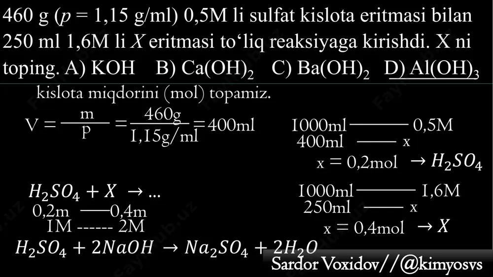 ml agno3 (c = 0,4 mol/l) va 750 ml nacl (c = 0,1 mol/l) eritmalari aralashtirildi. eritmadan cho‘kma ajratib olingach, barcha ionlar konsentratsiyasini (mol/l) hisoblang. 1) ag+; 2) n𝑂3 −; 3) na+; 4) c𝑙−, a) 0,02; b) 0,075; c) 0,025; d) 0,1 a) 3-c; 4-b; 2-b b) 3-c; 4-d; 2-b c) 3-c; 2-b; 1-b d) 3-b; 2-d; 1-c _____ 𝐴𝑔𝑁𝑂3 sardor voxidov//@kimyosvssardor voxidov//@kimyosvs 31. 0,7 mol natriy bromid va kalsiy bromid aralashmasidagi bromid ionlarini to‘liq cho‘ktirish uchun 670 g 2 molyalli agno3 eritmasi sarflandi. boshlang‘ich aralashmadagi natriy bromid massasini (g) hisoblang. (molyal konsentratsiya – 1 kg erituvchiga to‘g‘ri keladigan erigan moddaning mol miqdori.) a) 41,2 b) 30,9 c) 51,5 d) 20,6 x----------x-------------x------------x 1000g____ 340g _____1340g _____ 2mol 670g x = 1mol nabr + 𝐴𝑔𝑁𝑂3 → 𝑁𝑎𝑁𝑂3 + 𝐴𝑔𝐵𝑟 ca𝐵𝑟2 + 2𝐴𝑔𝑁𝑂3 → 𝐶𝑎(𝑁𝑂3)2 + 2𝐴𝑔𝐵𝑟 y -------- 2y -----------y-------------2y 0,7m 1m x + y = 0,7 x + 2y = …