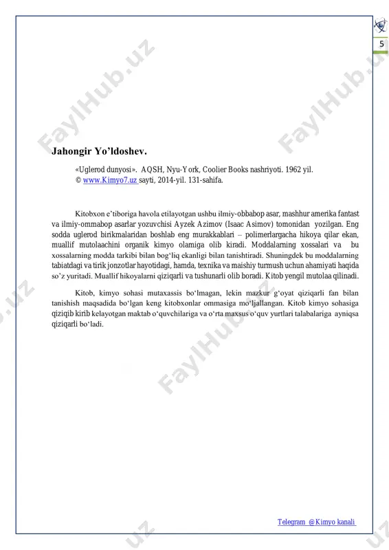 .......... 81 izomeriyaning yangi turi ................................................................................................................................. 81 shakar shirinmi? ............................................................................................................................................. 84 gigant molekulalar .......................................................................................................................................... 87 nima uchun bakteriyalar va o‘simliklardan minnatdor bo‘lishimiz kerak? .................................................... 88 nordon moddalar ............................................................................................................................................ 92 kislota va chumolilar ...................................................................................................................................... 92 sirka. ............................................................................................................................................................... 93 faqat juftlikda. ................................................................................................................................................ 95 gazli suv va ismaloq. ...................................................................................................................................... 97 yana izomeriya. .............................................................................................................................................. 99 mevalar, sovun va muskullar ........................................................................................................................ 101 shirin kislotalar ............................................................................................................................................. 101 qatiq va charchoq. .................................................................