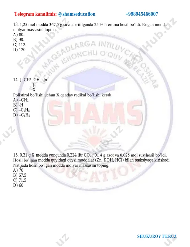 azga issiq ishqor eritmasiga eritildi, ishqorning moli x+0,6 mol 1. x ni toping 2. kaliy dixromat massasini toping. 3. qaynoq eritmadan hosil bo’lgan ikki tuz massasini toping. diqqat! mazkur topshiriq kengaytirilgan javobni talab etib, uning yechilish usulini va shu usul asosidagi barcha hisoblash amallarini javoblar varaqasida aks etishi lozim. 2kmno4 +16hcl= 2kcl+2mncl2+5cl2+8h2o k2cr2o7 +14hcl=2kcl+3crcl3+3cl2+7h2o mncl2+2koh= mn(oh)2 +kcl mn(oh)2+ 2hcl=mncl2+h2o 2crcl3+3h2o2+h2o=h2cr2o7+6hcl 3cl2+6koh=5kcl+kclo3+h2o telegram kanalimiz: @shamseducation +998945466007 shukurov feruz 3crcl3 +10koh +3h2o2= 2k2cro4 +6kcl+ 8h2o 42-savol 3. telegram kanalimiz: @shamseducation +998945466007 shukurov feruz telegram kanalimiz: @shamseducation +998945466007 shukurov feruz 43- savol a va b moddalarning suyultirilgan eritmalari bo’lib bir xil sinfga mansub. c va d o’rta tuz bo’lib tarkibidagi metal glauber tuzida uchraydi. reagentlar a h2so4 b hno3 suyul c na2co3 d na3po4 e agno3 fenolftalein - - pushti - - bacl2 eritmasi oq cho’kma baso4 oq cho’kma baco3 sariq cho’kma ba3(po4)2 oq pag’a cho’kma agcl sirka kislota - - eritmada kislotali …