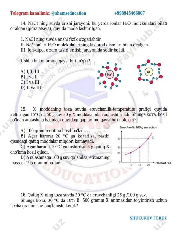 education +998945466007 shukurov feruz 28. 33,6 g organik modda a ning yonishi natijasida 44,8 litr (n.sh.da) karbonat angidrid va 28,8 g suv hosil bo'ldi. organik modda a ning kimyoviy xossalarini o'rganish shuni ko'rsatdiki, uni barcha uglerod atomlari ikkilamchi bo'lgan monosiklik b spirtidan olish mumkin. a modda formulasini toping. 29. 50 l ch4 va c3h4 aralashmasini yoqish uchun 170 l o2 sarflandi ch4 ning hajmini toping. a)35 b)15 c)30 d)20 30. bir asosli karbon kislotaning 140,8 gr miqdorini neytrallash uchun zichligi 1,2 g/ml bo’lgan naoh ning 4 m li eritmasidan 480 gr sarflandi. kislotani aniqlang. a) sirka kislota b) moy kislota c) valerian kislota d) kapron kislota telegram kanalimiz: @shamseducation +998945466007 shukurov feruz 31. ii valentli d-metali nitrati, oksidi, ftoridi ekvimolyar aralashmasi qizdirilganda aralashma massasi 10,8 g ga kamaydi. metalning massa ulushi 73,282% ni tashkil etadi. boshlang’ich aralashma massasini (g) aniqlang. a)35 b)37 c)30 d)40 32. 16 g is gazi va …