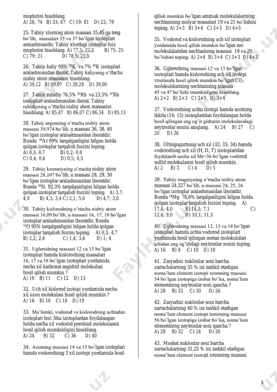 sidan 1836 marta kichik) a) 1120 b) 1070 c) 2240 d) 1344 42. azot (iv) va azot (ii) oksidi aralashmasidagi elektronlar massasi 0,956 mg bo’lib, azot (ii) oksidning hajmi 560 ml bo’lsa, azot (iv) oksid massasini (g) aniqlang. (elektron massasi proton massasidan 1836 marta kichik) a) 1,84 b) 1,54 c) 2,76 d) 1,344 43. azot (iv) va uglerod (iv) oksidi aralashmasidagi elektronlar massasi 2,299 mg bo’lib, azot (iv) oksidning hajmi 896 ml bo’lsa, uglerod (iv) oksid hajmini (l) aniqlang. (elektron massasi proton massasidan 1836 marta kichik) a) 1,12 b) 0,896 c) 6,6 d) 3,36 44. qaysi moddaning 1 kg miqdorida 0,3043 g elektron mavjud ? (elektronning massasi 9,1∙10-31kg) a) c2h2 b) cd4 c) h2o d) ch4 45. qaysi moddaning 1 kg miqdorida 0,2743 g elektron mavjud ? (elektronning massasi 9,1∙10-31kg) a) c2h2 b) cd4 c) h2o d) ch4 46. 4,48 litr azotga necha gramm kislorod qo’shilganda aralashmadagi elektronlar soni avagadro …