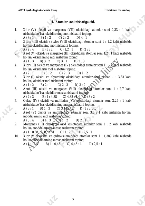 75 b) 4,9375 c) 5,4937 d) 5,3947 3. 256 100fm → a + x4 2α + 4-β + 63 1t + 101 0n. fm ning protonlar soni a tarkibidagi neytronlar soniga teng .a ning nuklonlar sonini toping. a) 142 b) 138 c) 168 d) 186 4. 244 94pu → a + 144 2α + x3 1t + 6e + 21 0n. pu ning elektronlar soni a tarkibidagi neytronlar soniga teng bo`lsa, a ning p, e, n lari yig`indisini toping. a) 207 b) 216 c) 210 d) 218 5. 259 102no → a + x4 2α + 103 1t + 6-β + 10n. no ning elektronlar soni a tarkibidagi neytronlar soniga teng bo`lsa, a ning p, e, n lar soni yig`indisini toping. a) 242 b) 224 c) 232 d) 223 6. 236 93np → a + 15 α4 2 + xt3 1 + 4e. np ning elektronlar soni a tarkibidagi neytronlar …