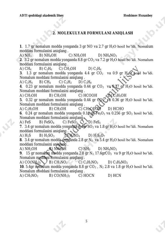 tenglamasini yozing? 22. fosgen gazi hosil bo`lishi uchun qaysi gazsimon moddalar o`zaro ta`sirlashishi kerak? 23. fotosintez jarayonini reaksiya tenglamasi qanday bo`ladi? adti qoshidagi akademik litsey hoshimov husanboy 7 24. quyidagi ionlarga sifat reaksiyasini yozing. a) xlorid ioniga (cl-) b) sulfat ioniga (so4 2-) 25. bariy peroksidning sulfat kislota bilan reaksiya tenglamasidan qanday modda hosil bo`ladi? 26. kaliy permanganat termik parchalanganda hosil bo`lgan gaz ozonator orqali o`tkazilsa, shu jarayonlarni reaksiya tenglamasini yozing. 27. temir metallini quyidagi moddalar bilan reaksiyasini yozing. a) xlorid kislota bilan b) xlor qazi bilan c) konsentrlangan nitrat kislota bilan 28. quyidagi moddalarni konsentrlangan sulfat kislota bilan reaksiya tenglamasi qanday bo`ladi? a) temir b) rux 29. fosfat kislota kumush nitrat bilan reaksiyasi natijasida qanday rangli cho`kma hosil bo`ladi? shu jarayonni reaksiya tenglamasini yozing. 30. ammoniy gidroksidning quyidagi moddalar bilan reaksiya tenglamasi qanday bo`ladi? a) nitrat kislota b) xlorid kislota bilan 31. fosfor (v) xlorid issiq va sovuq suvdagi …
