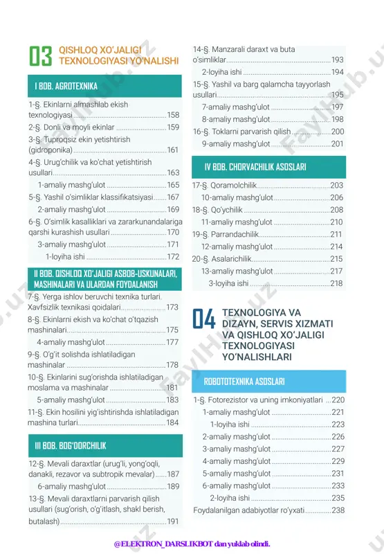 6-amaliy mashg‘ulot ................................110 9-§. kimyoviy tolali gazlamalar va ularning xususiyatlari ...................................................112 7-amaliy mashg‘ulot ................................113 ii.2. asbob-uskunalar va ulardan foydalanish 10-§. kiyim haqida umumiy ma’lumot ......116 11-§. tikiladigan kiyim uchun gazlama va fason tayyorlash ............................................117 8-amaliy mashg‘ulot ................................121 12-§. qo‘lda bajariladigan ishlarning texnik shartlari ...........................................................122 9-amaliy mashg‘ulot ................................126 iii.3. mashina, mexanizm, stanoklar va ulardan foydalanish 13-§. ixtisoslashtirilgan tikuv mashinalari, tuzilishi va ishlash prinsipi ...........................127 iii bob. ijtimoiy-iqtisodiy texnologiya asoslari 21-§. interyerda tekstil mahsulotlari. tekstil mahsulotlarida ranglar jilosi ........................151 1-loyiha ishi ...............................................153 22-§. interyerda o‘simliklar dunyosi. xonadon va ofislar interyeri ..........................................154 2-loyiha ishi ...............................................155 @elektron_darslikbot dan yuklab olindi. 7-§. yerga ishlov beruvchi texnika turlari. xavfsizlik texnikasi qoidalari ........................173 8-§. ekinlarni ekish va ko‘chat o‘tqazish mashinalari .....................................................175 4-amaliy mashg‘ulot ................................177 9-§. o‘g‘it solishda ishlatiladigan mashinalar .....................................................178 10-§. ekinlarini sug‘orishda ishlatiladigan moslama va mashinalar ..............................181 5-amaliy mashg‘ulot ................................183 11-§. ekin hosilini yig‘ishtirishda ishlatiladigan mashina turlari ...............................................184 qishloq xo‘jaligi texnologiyasi yo‘nalishi texnologiya va dizayn, servis …