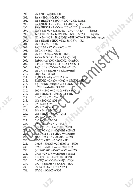 r2o7 + 7h2so4 = 3fe2(so4)3 + cr2(so4)3 +k2so4 + 7h2o 247. k2cr2o7 + kj + h2so4 = k2so4 + cr2(so4)3 + j2 + h2o 248. k2cr2o7 + h2s + h2so4 = cr2(so4)3 + s + k2so4 + h2o 249. mn3o4+2si=3mn+2sio2 250. 3mn3o4+ 8al =9mn+4al2o3 251. 4mn + 3o2 = 2mn2o3 252. mn + 2h2o = mn(oh)2 + h2 253. mn + cl2 = mncl2 254. mn + s = mns 255. 3mn + n2 = mn3n2 256. mn + 2hcl = mncl2 + h2 257. mn + h2so4 = mnso4 + h2 258. mn + 2h2so4 = mnso4 + so2 + 2h2o 259. mn + 4hno3 = mn(no3)2 + 2no2 + 2h2o 260. 2kmno4 + h2so4 = mn2o7 + k2so4 + h2o 261. 2mn2o7 = 4mno2 + 3o2 262. 2kmno4 + 10kcl + 8h2so4 = 6k2so4 + 2mnso4 +5cl2 + 8h2o 263. kmno4 + k2so3 + 2koh = k2so4 + …