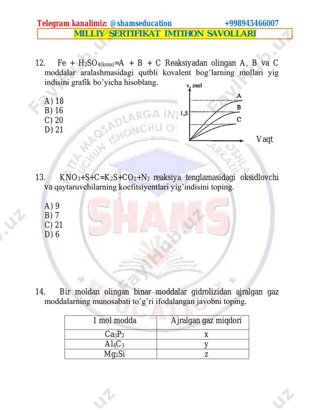 2. berill minerali tarkibidagi qo’shimchalar ta’sirida turli rangdagi qimmatbaho toshlar ko’rinishida uchraydi va u zargarlik buyumlari ishlab chiqarishda ishlatiladi. berill minerali tarkibida massa jihatdan 10,1% aluminiy, 5% berilliy, 31,3 % kremniy va qolgani kislorod bo’lsa, uning formulasini toping. a)al2o3⸱4beo⸱7 sio2 b) al2o3⸱3beo⸱ 6sio2 c) al2o3⸱2beo⸱ 5sio2 d) al2o3⸱1beo⸱ 4sio2 telegram kanalimiz: @shamseducation +998945466007 milliy sertifikat imtihon savollari topshiriq(33-35) husniddin x tuziga so'ndirilgan ohak eritmasini qo'shganda suvdagi eritmasi asos xossali bo'lgan o'tkir hidli gaz z ajralib chiqdi va oq rangli y moddasi cho'kdi. u bu cho‘kmani filtrlab, unga xlorid kislota qo‘shdi. y moddasining xlorid kislota bilan reaksiyasidan ajralib chiqqan gaz fotosintez jarayonida ishtirok etsa, 33. y (1) moddaning va z (2) gazning molyar massalari farqini toping. 34. x tuzining 0,25 moli massasi qanday? 35. 2 mol y moddaning xlorid kislota bilan to‘liq reaksiyasidan ajralib chiqqan gaz hajmini ( 1.n.sh) hisoblang. a)1,12 b)44,8 c)24 d)27 e)100 f)83 36. x tuzining eruvchanlik-temperatura grafigi …