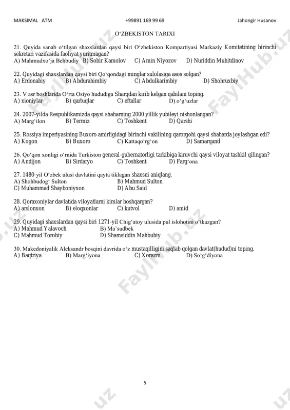, 7 c) 2, 3, 4, 7 d) 1, 6, 7, 8 36. qaysi organizm zotlarida zigota jinsining urgochi yoki erkak bo’lishi urg’ochilik gametalariga bog’liq? a) kornuel, zagorsk, yakobin, turman b) pervomaysk, pekin, shvits, santa-gertruda c) plimutrok, nyugempshir, shortgorn, gereford d) qorabayir, qorako’l, simmental, yaroslav maksimal atm +99891 169 99 69 jahongir husanov 7 37. qaysi javobda turli sistematik guruhlarga kiruvchi hayvonlar va o’simliklar orasida qon - qarindoshlik borligini namoyon qiluvchi organizmlar tog’ri ko’rsatilgan? 1) suvo’tlar bilan qirqquloqlar o’rtasida; 2) umurtqasizlar bilan umurtqalilar o’rtasida; 3) baliqlar bilan suvda ham quruqlikda yashovchilar o’rtasida; 4) qirqquloqlar bilan ochiq urug’lilar o’rtasida; 5) sudralib yuruvchilar bilan qushlar o’rtasida; 6) sudralib yuruvchilar bilan qushlar o’rtasida; 7) o’simliklar bilan hayvonlar o’rtasida; a) panja qanotli baliqlar; b) arxeopteriks; c) psilofitlar; d) urug’li qirqquloqlar; e) yashil evglena; f) lansetnik; g) yirtqich tishli kaltakesak; h) trilobitlar a) 1-c; 2-f; 3-a; 4-d; 7-e b) 3-a; 4-d; 5-g; 6-b; 7-e c) …