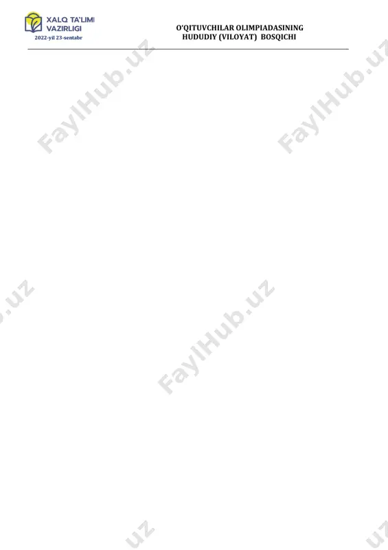 yirmasi 3,2 ga teng, yig’indisi esa ayirmasidan 22,5 marta katta. x va y gazlarni toping. javob: 32. x2y3 tarkibida 70% x bo‘lsa, x2y12s3 birikmasi tarkibidagi x ning massa ulushi dastlabki birikmadagi x ning massa ulushidan 42 birlikka kam bo‘lsa, x va y elementlarni toping. javob: o‘qituvchilar olimpiadasining 2022-yil 23-sentabr hududiy (viloyat) bosqichi __________________________________________________________________________________________ 33. berill minerali tarkibida massa jihatdan 31,28% kremniy, 53,63% kislorod bundan tashqari aluminiy va berelliy saqlaydi. mineralning bitta molekulasi nechta atomdan iboratligini aniqlang. javob: 34. kalsiy atomi shar shaklida bo‘lib, shar shakli atom umumiy hajmining 74% ini tashkil etadi. kalsiy atomining radiusini (nm) aniqlang. (ρ=1,55 gr/sm3) javob: 35. magniy sulfatning 450 gr 20 % li eritmasiga 15 % li natriy fosfat eritmasidan qo‘shildi. eritmadagi hosil bo‘lgan tuzning massa ulushi ortib qolgan magniy sulfat massa ulushidan 1,775 marta ko‘p bo‘isa, reaksiya uchun olingan natriy fosfat eritmasining massasini (gr) aniqlang. javob: 36. qanday moddalar reaksiyaga kirishganda, quyidagi moddalar hosil …