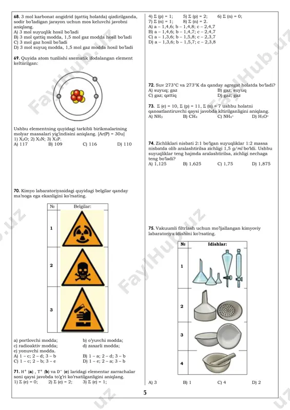 i aniqlang. a) 400 b) 800 c) 1600 d) 200 kimyo. 61. keltirilganlardan kimyoviy fikrlardan qaysilari noto’g’ri emas? 1) protiy va deyteriylar izotoplardir; 2) olmos va karbid allatroplardir; 3) is gazi – indifferent oksid hisoblanadi; 4) karbonat angidrid – kislotali oksid hisoblanmaydi; 5) sulfat kislotaning ekvivalent molar massasi 49 g/mol; 6) ortofosfat kislotaning molyar massasi 98 u. a) 2,4,6 b) 1,3,6 c) 1,3,5 d) 2,4,5 62. m(ca) = m(fe) tarkibga ega bo’lgan 280 g aralashmadagi kalsiy atomlari sonini aniqlang. a) 5na b) 3,5na c) 1,4na d) 2,5na 63. x moddaning 2,5 moli 355 kelsa, ushbu modda formulasini ko’rsating. a) mgso4 b) na2so4 c) al2(so4)3 d) fe2(so4)3 64. qaysi qatorda 2 ta oddiy va 1 ta murakkab berilgan? a) natriy, silan, metan b) xlor, grafit, karbin c) pirit, olmos, disian d) ftor, karbid, ozon 65. qanday haroratda ( ) 164 litr ozon gazi 20 mol keladi. (p = 2 atm) a) …