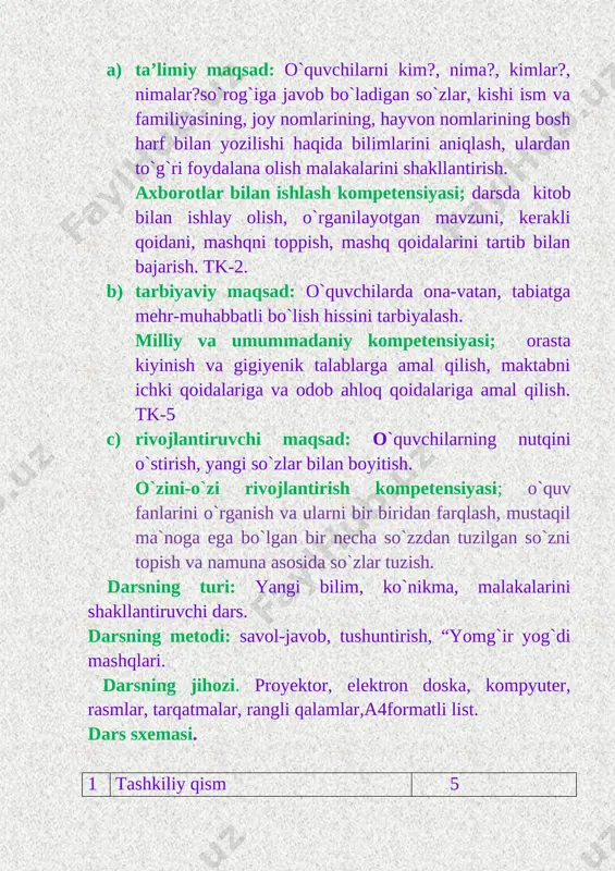 k harfda yozilgan so`zlar ustida ishlanadi. o`qituvchi: birinchi ustundagi so`zlar nima uchun kichik harfda yozilgan? o`quvchilar; bobo, buvi, ota, ona, aka, singil-oila a`zolarning umumiy nomi. o`qituvchi: nima uchun ikkinchi ustundagi so`zlar bosh harfda yozilgan? o`quvchilar: anvar, aziza, alisher,saodat, ayub, lola-kishilarga atab qo`yiladigan nomlar bo`lgani uchun. o`qituvchi: nima uchun uchinchi ustundagi so`zlar bosh harf bilan yozildi? o`quvchilar:aliyev, alixanova, otabayeva- kishilarning familiyasi bo`lgani uchun. javoblar umumlashtirib xulosa qilinadi va darslikda berilgan mavzuga oid qoida chiqariladi. kishilarning ismi va familiyasi bosh harf bilan yoziladi. darslik bilan ishlash. 162-mashq. yunus rajabiy, halima nosirova,komiljon otaniyozov, ma`murjon uzoqov, turg`un alimatov, mukarrama turg`unboyeva, tamaraxonim. 163-mashq qurolli kuchlarimiz jonajon o`zbekistonimizning qo`riqchilaridir. ular xalqimiz tinchligi va osoyishtaligini saqlaydilar. akalarim elshod va durbek harbiy xizmatdalar. iv. dam olish daqiqasi. [image: 292cdf0b22d0aab13740aa8cd7d47447]o`qituvchi: lets pley. ekranda inglizcha “the finger family” videosi qo`yiladi. o`quvchilar o`rnilaridan turib qo`shiq ijro qilish bilan birga qo`l va oyoqlarida harakatli mashqlar bajaradilar. v. yangi mavzuni mustahkamlash. yangi mavzuni …