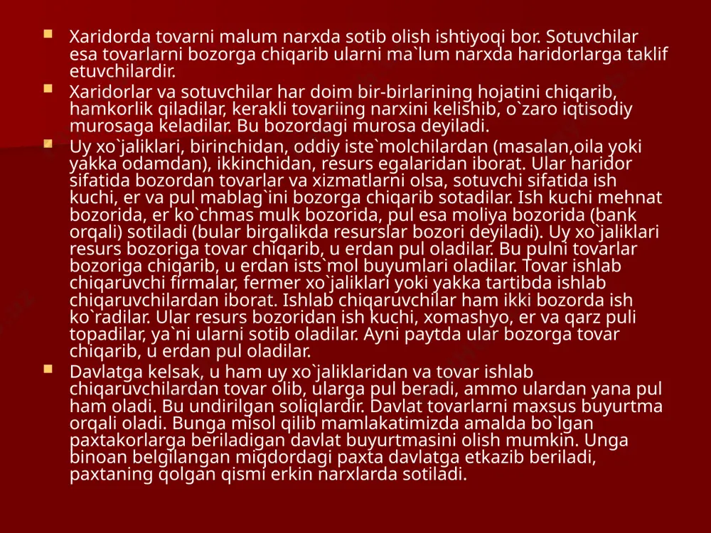 sodiyotida tovar muomalasi tushunchasi ash u birga iqtisodiy aloqa usuli, umuman xo`jalik yuritish usuli tushunchalari mavjud, bularni aslo inkor etib bo`lmaydi. lekin bozor iqtisodiyotining mohiyati muomala va iqgisodiy aloqalarga nisbatan kengdir. bozor iqtisodiyoti avvalo barcha xo`jalik tarmoqlari, iqtisod turlari, sohalariga ta`sir o`tkazadi. bunday ta`sir etish mikroiqtisodiyot u chegaralanmay, balki makroiqtisodiyotning asosiy tomonlariga mazmun berib, ularni o`z doirasiga oladi. ma`­lumki, iqtisodiy proportsiya, balanslar bozor ta`sirisiz bo`lishi mumkin emas. chunki avvalo resurslar bozori mav­jud bo`lib, ularning joylashuvi va taqsimlanishi bozor mexanizmlari ta`siri ostida bo`ladi. ishlab chiqarish (xiz­mat ko`rsatish) sohalari va ularning hosilasi – tovarlar bozorning asosi hisoblangan talab ta`siri tufayligina reallashmo\i mumkin. shunday qilib, bozor iqtisodiyoti tovar muomalasi, iqtisodiy aloqa usuligina bo`lib qolmay, balki u iqtisodiy tizimdir, ya`ni iqtisodiyot tizimiga xos barcha xususiyatlarii o`zida aks ettiruvchi va iqtisodiyotning barcha tomoilariga ta`sir etib, o`ziga qamrab oluvchi iqtisodiy tizimdir. bun­day fikrni p. samuelson, r. makkonell, l. bryu, f. kotler, v. fattsman, a. livshits, d. …