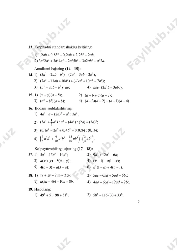 5 soni — ordinata. nuqtalarning koordinatalarini yozishda sonlarning tartibi muhim ahamiyatga ega. masalan, m1 (1; 2) va m2 (2; 1) nuqtalar tekislikdagi har xil nuqtalardir (3- rasm). xvii asrning taniqli matematigi rene dekart (1596—1650). tekislikda to‘g‘ri burchakli koordinatalar sistemasidan foydalanish uning nomi bilan bog‘liq. 1- rasm. 2- rasm. ii i iii iv 1 –1 1 –1 o y x y x 1 1o y x m(x; y) 9 xususiy hollarni qaraymiz: 1. agar nuqta abssissalar o‘qida yotsa, u holda uning ordinatasi nolga teng bo‘ladi. masalan, a nuqta (4- rasm) (2; 0) koordinatalarga ega. 2. agar nuqta ordinatalar o‘qida yotsa, u holda uning abssissasi nolga teng bo‘ladi. masalan, b nuqta (4- rasm) (0; −2) koordinatalarga ega. 3. koordinatalar boshining abssissasi va ordinatasi nolga teng: o (0; 0). koordinata tekisligining har bir m nuqtasiga (x; y) sonlar jufti — uning koordinatalari mos keladi va har bir (x; y) sonlar juftiga koordinata tekisligining …