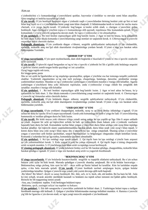 manda g‘olib chikadi. o`yin qoidalari: koptokni maydonga to`g‘ri tashlash talab etiladi. o`yinda imkoniyat boricha tenis koptogini ishlatish lozim, agar bo`lmasa, rezina yoki matodan qilingan koptok ishlatiladi. pedagogik ahamiyati. o`yin voleybol o`yiniga tayyorlashdan biri bo`lib, chunki bu voleybol o`yini uchun xos bo`lgan to`pni egallash malakasini rivojlantirishga yordam beradi. o`yinda voleybolda to`p uzatish malakasini rivojlantiradi. o`yin aniq harakatni, chaqqonlikni, aniq nishonga urishni, kelisxilgan holatda harakat qilishni rivojlantirishga yordam beradi. arqon talashish o`yinga tayyorlanish. maydonchaning qarama - qarshi tomonlariga o`zaro parallel ikki chiziq o`tkaziladi. hamma o`ynovchilar kuch jihatdan baravar ikki komandaga bo`linadilar va chiziqlar orqasiga o`tib turadilar. ikki chiziq oraligiga maydochaning o`rtasiga sertugun qilib urangan arqon qo`yiladi. arqonning qoq o`rtasiga rangli latta bog‘lab qo`yilgan bo`ladi. o`yinning tavsifi. o`qituvchi signal berishi bilan ikkala komanda o`yinchilari yugurib kelib, arqon tugunlarini echadilar va uni o`z tomonlariga tortadilar. belgilangan vaqt 45 sekund 1 daqiqa mobaynida arqonning ko`proq qismini o`z chizig‘idan o`tkazgan komanda g‘olib hisoblanadi. o`yinning qoidalari. 1. …