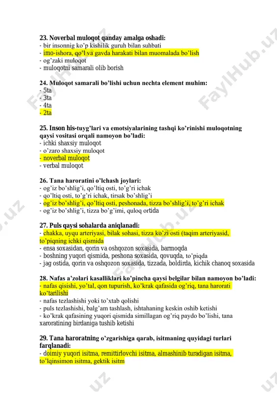 i bilan muomalada bo’lish - og’zaki muloqot - muloqotni samarali olib borish 24. muloqot samarali bo’lishi uchun nechta element muhim: - 5ta - 3ta - 4ta - 2ta 25. inson his-tuyg’lari va emotsiyalarining tashqi ko’rinishi muloqotning qaysi vositasi orqali namoyon bo’ladi: - ichki shaxsiy muloqot - o’zaro shaxsiy muloqot - noverbal muloqot - verbal muloqot 26. tana haroratini o’lchash joylari: - og’iz bo’shlig’i, qo’ltiq osti, to’g’ri ichak - qo’ltiq osti, to’g’ri ichak, tirsak bo’shlig’i - og’iz bo’shlig’i, qo’ltiq osti, peshonada, tizza bo’shlig’i, to’g’ri ichak - og’iz bo’shlig’i, tizza bo’g’imi, quloq ortida 27. puls qaysi sohalarda aniqlanadi: - chakka, uyqu arteriyasi, bilak sohasi, tizza ko’zi osti (taqim arteriyasid, to’piqning ichki qismida - ensa soxasidan, qorin va oshqozon soxasida, barmoqda - boshning yuqori qismida, peshona soxasida, qovuqda, to’piqda - jag ostida, qorin va oshqozon soxasida, tizzada, boldirda, kichik chanoq soxasida 28. nafas a’zolari kasalliklari ko’pincha qaysi belgilar bilan namoyon bo’ladi: - nafas …