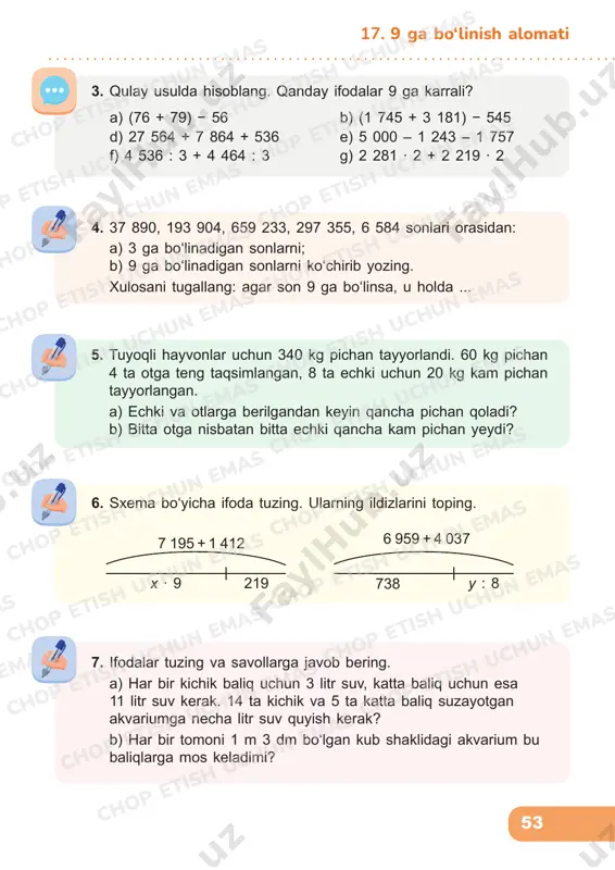 00) : 200 e 2 460 320 : 80 – 30 038 r 1 224 + 256 ∙ 8 – 320 e 703 ∙ 6 + (987 – 187) : 20 r (520 ∙ 60 ∙ 4 – 78 900) : 100 o‘ (1 024 – 847) ∙ 20 – 1 542 x (72 – 66) ∙ 100 + 144 : 12 11. hisoblang. barcha qiymatlar 9 ga karralimi? (528 + 6 996 : 22 – 54) : 6 + 47 928 (720 : 24 ∙ 60 + 33 200) : 7 – 3 029 54 009 : 9 + (960 221 – 957 320) ∙ 4 17. 9 ga bo‘linish alomati chop etish uchun emas chop etish uchun emas chop etish uchun emas chop etish uchun emas chop etish uchun emas chop etish uchun emas chop etish uchun emas chop etish uchun emas chop etish uchun emas chop etish …