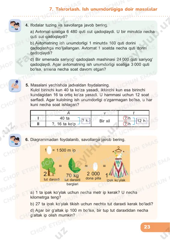 a ii usta 7. tenglamalarni yeching. a) 74 ∙ (x + 456) – 24 732 = 10 492 b) (1835 – y) : 9 + 1709 = 1824 8. ikkita gilamdo‘z gilam to‘qimoqda. birinchi gilamdo‘z uzunligi 3 m, eni 2 m boʻlgan gilamni 96 kunda to‘qib bo‘ldi. ikkinchi gilamdo‘z uzunligi 5 m, eni 4 m boʻlgan gilamni 360 kunda to‘qib bo‘ldi. qaysi gilamdo‘zning ish unumdorligi yuqori? 9. hunarmandning savatida qizil, sariq va yashil rangli 15 dona ip kalavasi bor. qizil kalavalar sariqlarga qaraganda 7 marta ko‘p. savatda nechta yashil kalava bor? 7. takrorlash. ish unumdorligiga doir masalalar chop etish uchun emas chop etish uchun emas chop etish uchun emas chop etish uchun emas chop etish uchun emas chop etish uchun emas chop etish uchun emas chop etish uchun emas chop etish uchun emas chop etish uchun emas chop etish uchun emas chop etish uchun emas chop etish uchun emas chop …