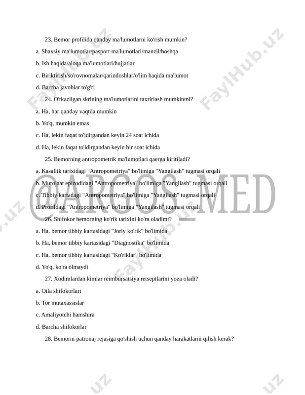 ksni qayta sterilizatsiyaga yuborish mumkinmi? a. ha, mumkin b. ha, mumkin, lekin faqat yangi biks yaratib c. ha, mumkin, lekin faqat ruxsat olgandan keyin d. yo'q, mumkin emas 33. bemorga qanday sog'liq guruhlarini ko'rsatish mumkin? a. i-ii guruh b. i-ii-iii guruhlar c. i-ii-iii-iv guruhlar d. to'g'ri javob yo'q 34. tizimga yangi foydalanuvchi qanday qo'shiladi? a. buxgalteriya bo'limida b. foydalanuvchilar/shifokorlar bo'limida c. foydalanuvchilar/xodimlar bo'limida d. xodimlar tizimga avtomatik qo'shiladi 35. bitta xodimga bir nechta rolni biriktirish mumkinmi? a. ha b. yo'q 36. jurnallarni qaysi bo'limda ko'rish mumkin? a. hujjatlar – jurnallar uchun ma'lumot kiritish bo'limida b. hujjatlar – ssv hisobotlari bo'limida c. hujjatlar – jurnallar bo'limida d. tizimda bunday imkon yo'q 37. tizimda avtomatik shakllantirilgan jurnallardagi ma'lumotlar qancha tez-tez yangilanadi? a. ma'lumotlar tizimga kiritilgandan so'ng darhol yangilanadi b. ma'lumotlar tizimga kiritilgandan so'ng 10 daqiqa ichida yangilanadi c. ma'lumotlar tizimga kiritilgandan so'ng soat ichida yangilanadi d. ma'lumotlar jurnalda keyingi kun ertalabigacha ko'rinadi …