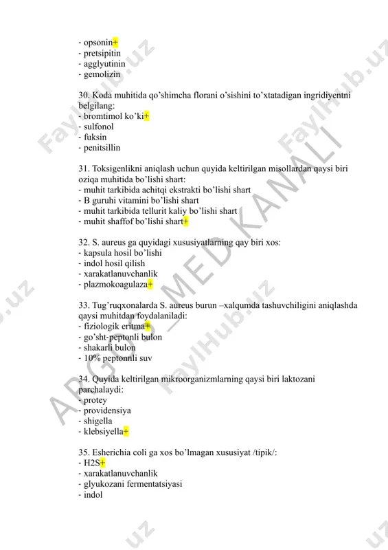 a - donorning dnk kulturasi yordamida+ - lizogeniya yordamida 49. grammanfiy hujayralarning zamonaviy klassifikatsiyasi bo’yicha nomlanishini belgilang: - furmibakterii argos_m ed kanali - furmikuti - tenerikuti - gratsillikuti+ 50. peptidoglikan bakteriyaning qaysi struktura elementiga kiradi: - hujayra ichki kiritmalari tarkibida - dnk tarkibida - hujayra devorida+ - sitoplazmatik membranada 51. hujayra kasulasini aniqlash usuli: - ginsa-burri+ - romanovski-gimza - gram - neysser 52. “peritrixlar“ tushunchasi nimani anglatadi: - xarakatlanmaydigan hujayralar - bir xivchinli hujaralar - xivchinlari butun tana yuzasi bo’yicha joylashga hujayralar+ - xivchinlari polyar joylashgan hujayralar 53. fototroflar tarkibiga kiradi: - aktinomitsetlar+ - mikoplazmalar - ko’k-yashil suv o’tlari - korinebakteriyalar 54. enterobakteriyalarda h2s ishlab chiqarishini aniqlovchi oziqa muhiti: - kliglera muhiti+ - klarka muhiti - endo muhiti - levintal muhiti 55. glyukozali 0/f (oksidlanish, fermentatsiyalash) testini aniqlash uchun qanday oziqa muhiti ishlatiladi: - kligler muhiti - bromtimol indikatori bor qattiq oziqa muhiti - klark muhiti - xyu – leyfsona …