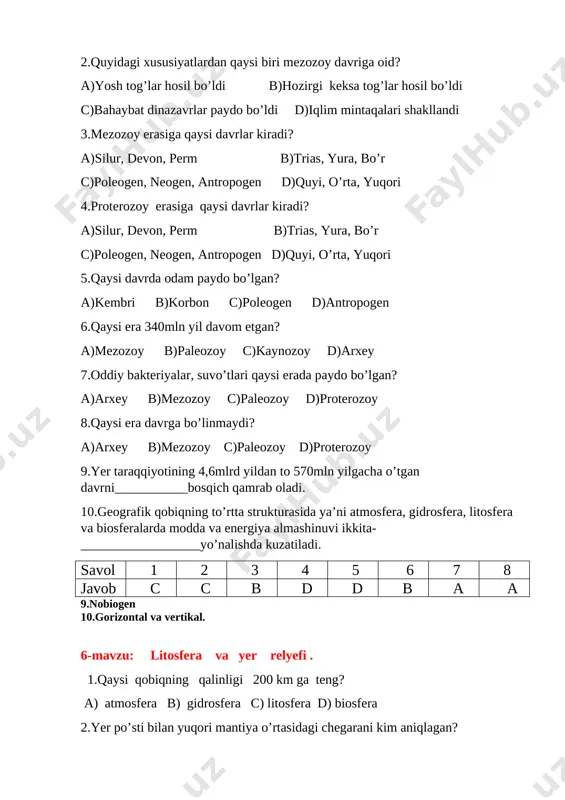 lar 8.1000 metrdan 2000 m gacha bo’lgan tog’larga qaysi tog’lar kiradi ? a) o’rtacha tog’lar b) past tog’lar c)baland tog’lar d) o’rtacha baland tog’lar. 9.relyef yunoncha so’zidan olingan bo’lib _________ demakdir . 10.quruqlikdagi dengiz sathidan past yerlar __________ deb ataladi. savol 1 2 3 4 5 6 7 8 javob c a b c a b c a 9.javob: ko’tarilaman 10.javob: cho’kmalarvabotiqlar . 7-mavzu materiklar va okeanlarning paydo bo’lishi va rivojlanishi. 1.quyosh sistemasi va yer koinotdagi harakatlanayotgan changsiomon zarrachalarning birikishidan hosil bo’lgan . bunday fikrni dastlab kim aytgan ? a) 1644 yil r. dekart b) 1796- yilda i.kant c) 1796-yilda r.s.laplas d)1968-yilda l.r.sayks 2.mobilizm gipotezasini 1912-yilda qaysi nemis geoligi ishlab chiqdi ? a) j.oliver b) l.r.sayks c)r.dekart d) a.vegener 3.a. vegener gipotezasini bundan 9 asr avval vatandoshimiz qaysi olim tomonidan aytilgan ? a) ahmad farg’oniy b) abu rayhon beruniy c) al-xorazmiy d) abu nasr farobiy 4.1968 yilda amerikalik bir guruh …