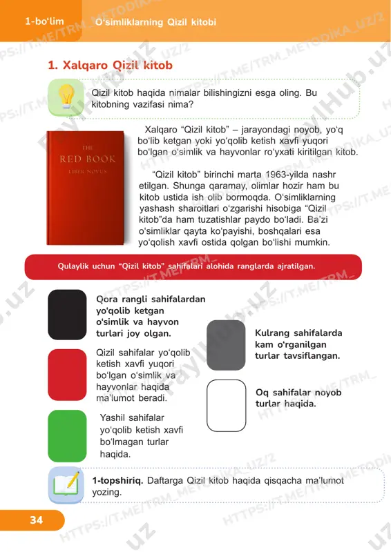 ida yozilganini aniqlang. krasnaya kniga respubliki uzbekistan the red data book of the republic of uzbekistan o‘zbe kisto n krasnaya kniga respubliki uzbekistan the red data book of the republic of uzbekistan o‘zbekiston https://t.me/trm_metodika_uz/2 https://t.me/trm_metodika_uz/2 https://t.me/trm_metodika_uz/2 https://t.me/trm_metodika_uz/2 https://t.me/trm_metodika_uz/2 https://t.me/trm_metodika_uz/2 https://t.me/trm_metodika_uz/2 https://t.me/trm_metodika_uz/2 https://t.me/trm_metodika_uz/2 https://t.me/trm_metodika_uz/2 https://t.me/trm_metodika_uz/2 https://t.me/trm_metodika_uz/2 https://t.me/trm_metodika_uz/2 1-bo‘lim 36 o‘zbekiston tabiati boy va rang-barangdir. bahorda gullaydigan o‘simliklarning go‘zalligi va xilma-xilligi bizni hayratda qoldiradi. ajoyib gullarni uzib, ulardan guldastalar yasashadi. bu guldastalar bir necha soat, ko‘pi bilan bir necha kun yashaydi. ammo uzilgan gullar o‘rnida hech qachon urug‘lar to‘kilmaydi, yangi o‘simliklar paydo bo‘lmaydi. anor talas akoniti gulsafsar hisor badani 3. o‘zbekiston respublikasi qizil kitobiga kiritilgan o‘simliklar 2-topshiriq. daftarga qizil kitob haqida qisqacha maʼlumot yozib qoʻying. o‘simliklarning qizil kitobi https://t.me/trm_metodika_uz/2 https://t.me/trm_metodika_uz/2 https://t.me/trm_metodika_uz/2 https://t.me/trm_metodika_uz/2 https://t.me/trm_metodika_uz/2 https://t.me/trm_metodika_uz/2 https://t.me/trm_metodika_uz/2 https://t.me/trm_metodika_uz/2 https://t.me/trm_metodika_uz/2 https://t.me/trm_metodika_uz/2 https://t.me/trm_metodika_uz/2 https://t.me/trm_metodika_uz/2 https://t.me/trm_metodika_uz/2 1-bo‘lim 37 endemik – kichik hududda uchraydigan o‘simlik. o‘zbekistonda o‘sadigan ko‘plab lolalar endemik hisoblanadi. masalan, o‘zbek lolasi faqat qashqadaryo viloyatida o‘sadi. …