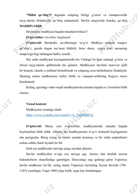 o‘rtalarida, milliy davlatlar tuzila boshlagan paytda yuzaga kelgan. biroq niderlandiyada 1570-yillarda “vilgelm” deb nomlangan davlat madhiyasi paydo bo‘lgan. buyuk britaniya davlat madhiyasi esa 1619-yilda yaratilgan edi. fransiyaning ilk davlat madhiyasi – “marselyeza” 1792-yilda yozilgan. ispaniya gimni – “marcha real” esa 1770-yilda qabul qilingan. bugungi kunda yer yuzida rasman tan olingan davlatlar o‘z madhiyalariga ega. har bir davlat madhiyasi o‘sha yurtning davlat tilida yoki eng ko‘p qo‘llaniladigan tillarning birida ijro etiladi. masalan, shveysariyada davlat madhiyasining har toʻrttala (fransuz, italyan, nemis va flamand) tildagi varianti yaratilgan. singapurda to‘rtta davlat tili bo‘lgani holda, madhiya faqat malay tilida ijro etiladi. ispaniyada davlat madhiyasining matni yo‘q, faqat musiqaning o‘zi ijro etiladi. hindiston madhiyasi (“janaganamana”) qadimgi sanskrit va bengal tillarida jaranglaydi. finlyandiya davlat madhiyasi (“maamme”) esa fin va shved tillarida ijro etiladi. afg‘oniston madhiyasi matni faqat pushtun tilida bitilgan. o‘zbek davlatchiligi tarixida milliy madhiyalar ham alohida o‘rin tutib kelgan. qadimgi turk xoqonligi, qoraxoniylar, g‘aznaviylar, xorazmshohlar, temuriylar …