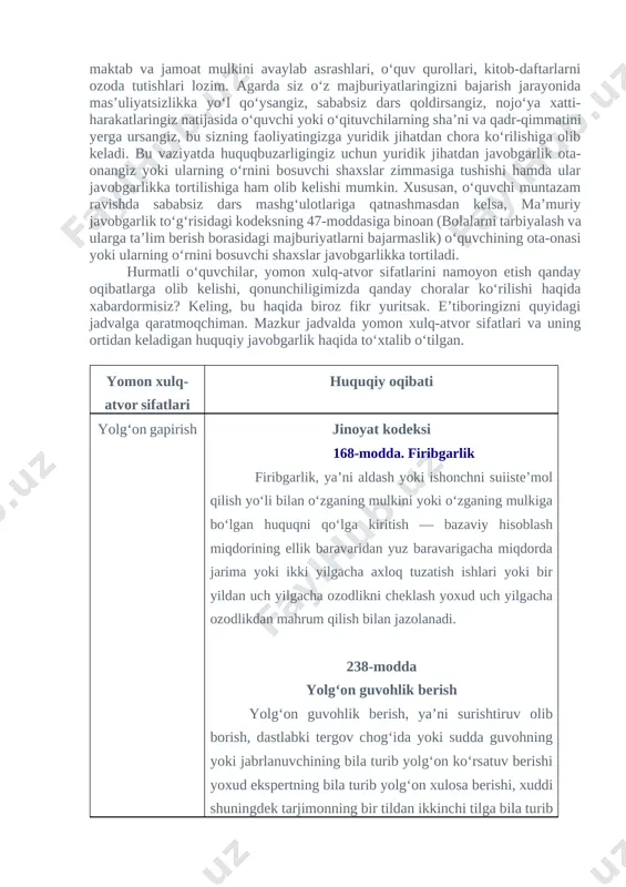 ligini namoyon qilasiz. siz uyda farzand, avtobusda yo‘lovchi, maktabda o‘quvchi, savdo markazlarida iste’molchi sifatida turli ijtimoiy rollarni bajarasiz. bu kabi jarayonlarda o‘zgalarni hurmat qilishingiz orqali o‘zingizning xulqingizni namoyon qilasiz. masalan, siz maktabga kelgach, o‘quvchi hisoblanasiz va ma’lum darajadagi majburiyatlarni bajarishingizga to‘g‘ri keladi. jumladan, o‘quvchilar maktabda sababsiz dars qoldirmasliklari, o‘qituvchilar tomonidan berilgan topshiriqlarni o‘z vaqtida bajarishlari, o‘z bilimi va amaliy ko‘nikmalarini muntazam ravishda oshirib, mustahkamlab borishlari, joriy qilingan maktab formasida kelishlari, maktab va jamoat mulkini avaylab asrashlari, o‘quv qurollari, kitob-daftarlarni ozoda tutishlari lozim. agarda siz o‘z majburiyatlaringizni bajarish jarayonida mas’uliyatsizlikka yo‘l qo‘ysangiz, sababsiz dars qoldirsangiz, nojo‘ya xatti-harakatlaringiz natijasida o‘quvchi yoki o‘qituvchilarning sha’ni va qadr-qimmatini yerga ursangiz, bu sizning faoliyatingizga yuridik jihatdan chora ko‘rilishiga olib keladi. bu vaziyatda huquqbuzarligingiz uchun yuridik jihatdan javobgarlik ota-onangiz yoki ularning o‘rnini bosuvchi shaxslar zimmasiga tushishi hamda ular javobgarlikka tortilishiga ham olib kelishi mumkin. xususan, o‘quvchi muntazam ravishda sababsiz dars mashg‘ulotlariga qatnashmasdan kelsa, ma’muriy javobgarlik to‘g‘risidagi kodeksning …