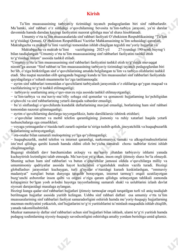 bu sinf rahbari daftari esa umumiy o‘rta ta’lim muassasalarining sinf rahbarlari faoliyat samaradorligini oshirish hamda me’yoriy-huquqiy hujjatlarning mazmun-mohiyatini yetkazish, sinf hujjatlarini to‘g‘ri yuritishlarini ta’minlash maqsadida ishlab chiqilib, yanada takomillashtirildi. mazkur namunaviy daftar sinf rahbarlari uchun sinf hujjatlari bilan ishlash, ularni to‘g‘ri yuritish hamda pedagog xodimlarning siyosiy-huquqiy savodxonligini oshirishga amaliy yordam berishiga umid qilamiz. oʻzbekiston respublikasi maktabgacha va maktab taʼlimi vazirining buyrugʻi maktabgacha va umumiy oʻrta ta’lim tashkilotlarida ma’naviy-ma’rifiy ishlarsamaradorligini oshirish toʻgʻrisida maktabgacha va umumiy oʻrta taʻlim tashkilotlarida tarbiyalanuvchilarhamda oʻquvchi yoshlarni milliy qadriyatlarga sadoqat va vatanparvarlik ruhidatarbiyalash, ma’naviy-ma’rifiy ishlar samaradorligini yanada oshirish, psixologlarish faoliyatini tizimli tashkil etish maqsadida buyuraman: 1. quyidagilar: maktabgacha taʼlim tashkilotlarida 2025-2026-oʻquv yilida oʻtkaziladiganmaʼnaviy-maʼrifiy tadbirlarning namunaviy ish rejasi 1-ilovaga muvofiq; umumiy oʻrta taʼlim tashkilotlarida 2025-2026-oʻquv yilida oʻtkaziladiganmaʼnaviy-maʼrifiy tadbirlarning namunaviy ish rejasi 2-ilovaga muvofiq; umumiy oʻrta taʼlim tashkilotlari psixologining 2025-2026-oʻquv yiligamoʻljallangan namunaviy ish rejasi 3-ilovaga muvofiq; umumiy oʻrta taʼlim tashkilotlari uchun “kelajak soati” darslariningnamunaviy mavzular roʻyxati 4- ilovaga muvofiq …