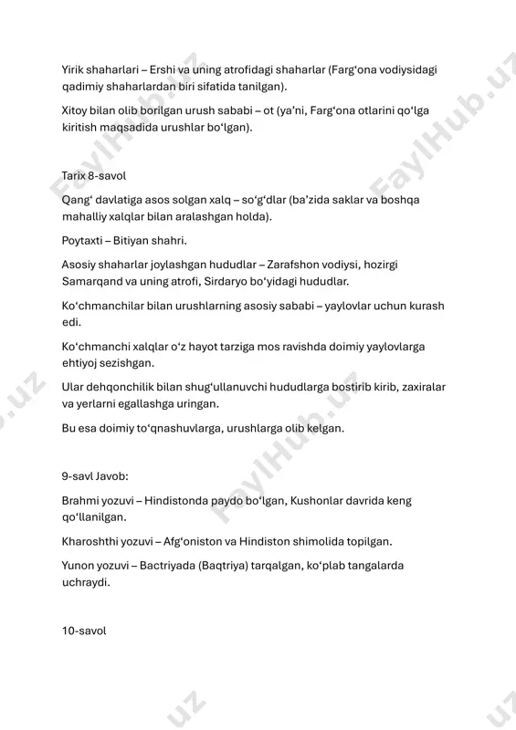 azm qo‘shini dushmanning siquviga dosh berolmadi, uni jaloliddinning xos lashkarlari dushmanga bergan qaqshatqich zarba qutqarib qoldi. parvon jangi — b) jangdagi g‘alabadan keyin qo‘lga kiritilgan o‘ljalarni taqsimlashda lashkarboshilari o‘rtasida o‘zaro kelishmovchilik boshlandi. valiyon jangi — c) jaloliddinning dushman ustidan qozongan dastlabki yirik g‘alabasi bo‘ldi. to‘g‘ri tartib: 1 – a, 2 – b, 3 – c 2. amir temur olib borgan janglar bilan bog‘liq tarixiy ma’lumotlarni o‘zaro moslashtiring: hindistondagi jang — d) amir temur bu yurishi paytida “agar samarqandga salomat qaytib borsam, bir jome masjidi qurduraman” deb niyat qilib qo‘ygan edi anqara jangi — b) amir temur harbiy mahorati sabab dushman buloq’r tomoniga qochdi terek daryosi bo‘yidagi jang — a) amir temur ushbu yurishda nevarasi muhammad sultonga dushmanning strategik ahamiyatga ega tepaligini zabt etish vazifasini yukladi to‘g‘ri tartib: 1 – d, 2 – b, 3 – a 3. amir temur olib borgan yurishlarining natijasini o‘zaro moslashtiring: eron jangi — a) dushmanning …