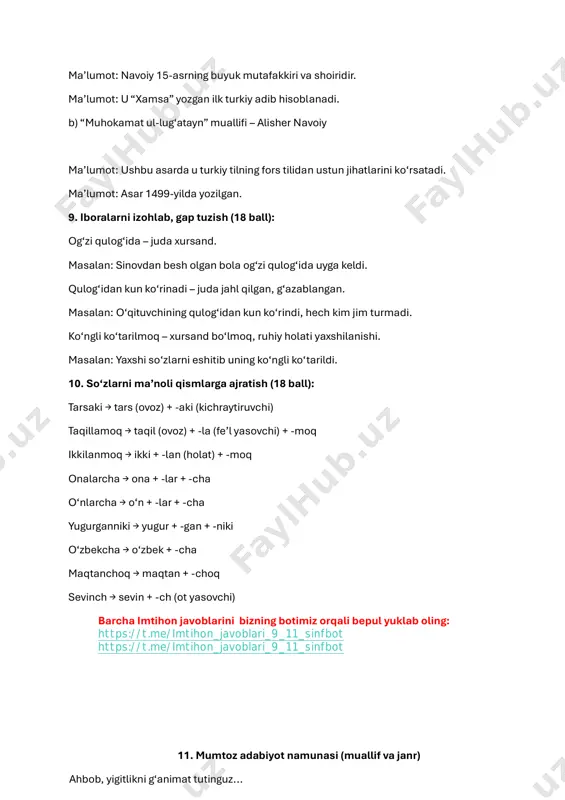 aynat + ma) chinqiroq – fe’l asosli ot (chinqir + oq) 9. so‘z turkumlari ot: fil, xona, nafas, maxluq, kishilar, tasavvur fe’l: ko‘rishdi, paypaslab, ko‘rsatishdi, qamab, bayon qilishdi sifat: katta, vahimali, qop-qorong‘i, haybatli son: birinchi, yarim (miqdor-son) ravish: avval, yarim, ko‘p (ma’noga qarab) olmosh: u, ular, o‘z, yerda 10. (b – 18 ball) asarlar muallifi va qo‘shimcha ma’lumotlar: a) “bir qamar siymoni ko‘rdim baldai kashmirda…” – zahiriddin muhammad bobur 1-ma’lumot: bobur shoir, sarkarda va “boburnoma” asari muallifidir. 2-ma’lumot: u hindistonda boburiylar sulolasiga asos solgan. b) “dardiga darmon istamas” – abdulla oripov 1-ma’lumot: u o‘zbekiston xalq shoiri, “o‘zbegim” she’ri bilan mashhur. 2-ma’lumot: abdulla oripov davlat madhiyasining mualliflaridan biri hisoblanadi. 1. (q – 21 ball) grammatik bog‘lanishlar: kampirning hayhaylashi – ot+ot, qaratqich bolalarning qahqahasi – ot+ot, qaratqich asliddinning voyvoylashi – ot+ot, qaratqich ochiq darvoza osha eshitilib turardi – ot+fe’l, bog‘lanish tur: predikativ (kesim bilan bog‘liq) 2. (q – 21 ball) so‘z izohlari: …