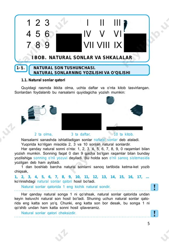.....................................................212 48. burchak. to‘g‘ri va yoyiq burchaklar.........................................................217 49. burchaklarni o‘lchash. transportir.............................................................222 50. doiraviy diagrammalar va ularni qurish.....................................................226 51. viii bobni takrorlashga doir masalalar.......................................................230 ix bob. takrorlash 52. v sinfda o‘tilganlarni takrorlashga doir masalalar.....................................232 javoblar.........................................................................................................237 darslik saytiga marhamat! «matematika 5» darsligini yanada takomillashtirish, unga oid o‘quv- uslubiy materiallarni yaratish va boyitib borish maqsadida muallif tomonidan maxsus sayt yaratildi. saytning «ziyonet» tarmog‘idagi elektron manzili – matematika5.zn.uz. kelajakda bu sayt ta’lim yangiliklari, o‘quv-me’yoriy hujjatlar, qo‘shimcha nazariy va o‘quv-uslubiy materiallar, sinfdan tashqari mashg‘ulotlar (to‘garak, olimpiada) materiallari, matematika fani tarixiga oid lavhalar hamda qiziqar­ li masalalar xazinasiga aylantiriladi. unga o‘z materiallaringizni ham qo‘shi shingiz mumkin. sayt yordamida darslikning afzalliklari va kamchiliklari haqida fikr va mulo­ hazalaringizni hamkasblaringiz bilan o‘rtoqlashishingiz mumkin. shuningdek, mazkur darslik asosida dars berish davomida tug‘ilgan savollarga muallifning o‘zidan javob olishingiz mumkin. muallif darslik va sayt haqidagi barcha fikr va mulohazalarni chuqur minnatdorchilik bilan kutib qoladi. ularni muallifning elektron manzili khaydarov@yahoo.com ga yuborishingiz …