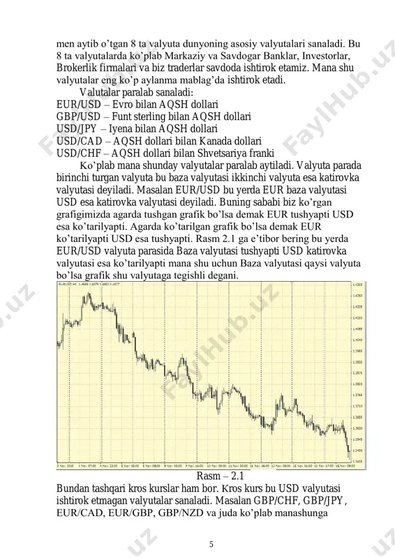 valyutalar sanaladi. masalan gbp/chf, gbp/jpy, eur/cad, eur/gbp, gbp/nzd va juda ko’plab manashunga 6 o’xshagan kros kurslar ham mavjud. kros kurslar ishlash prinsipi quyidagicha: gbp/chf – gbp/usd bilan usd/chf bunday holatda gbp valyutasi usd valyutasiga aylantiriladi va chf valyutasi ham usd valyutasiga aylantiriladi, shunday qilib ikki valyuta usd valyutasi miqdori bilan solishtiriladi. hamma kros kurslar mana shu hollatda ishlaydi. qaysi valyuta jahon bozorida chiqmasin u usd valyutasiga albatta to’qnashadi. kros kurslar ham iqtisodiy yangiliklarga ta’sir qiladi ba’zilari esa juda qattiq ta’sir qiladi va tushish ko’tarilishi juda ham chuqurlashadi. 3-qism savdoda qanday qatnashish savdoda eng qiyint tomon bu qaror chiqarishdir, ya’ni sotish yoki sotib olish jarayoniga kirish bilan boshlanadi. chunki har bir savdo texnika ham adashadi yoki vaqt o’tgan sari keyin amalgam oshadi. rasm -3 e’tibor bering bu yerda savdoda kirish funksiyasi bajariladi. bu ingliz tilida berilgan. buy- sotib olish ( narxning hozirgi jarayonida sotib olish) sell- sotish ( narxning hozirgi jarayonida …