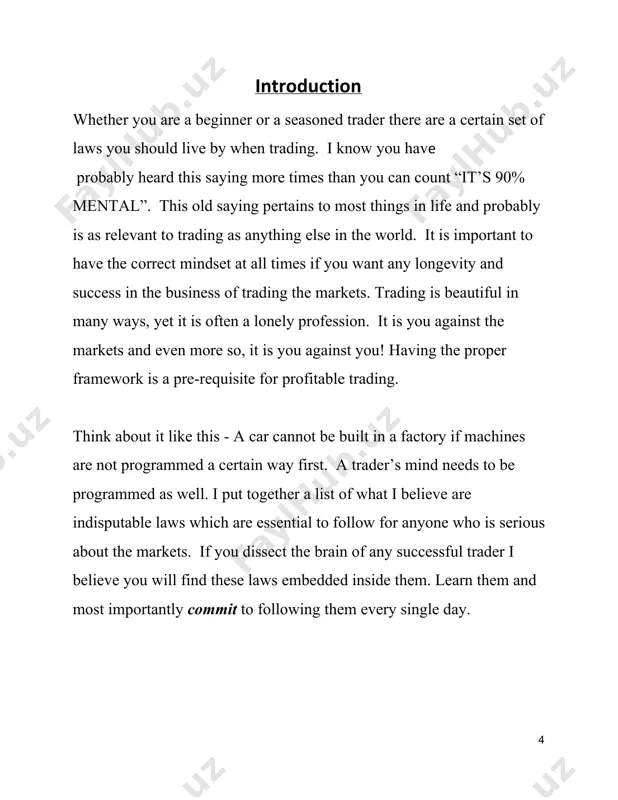 rade you take. this is simple but worth doing. it is great to take time each month and look back to review your trades. this is how you can make sure you have been executing according to your game plan. make a spreadsheet and include: • date • market or stock traded • entry price • risk • exit date • exit price • profit/loss • notes on the trade • you can include anything else in your game plan that you feel is important to your trading success. a strict game plan is a trader’s biggest ally. by having one, you take the guess work out of trading. the key is to be mechanical as possible at all times. ​trust and believe in your plan​. i can’t stress this enough! always remember that if you do the work, the profits will follow! 9 # 2 - control your emotions …
