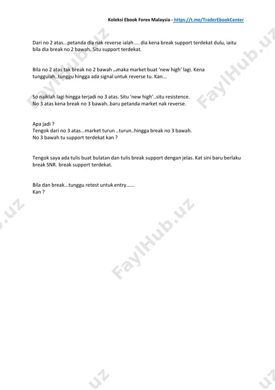 entuk snr tu. ada berapa cs buy..ada berapa cs sell untuk membentuk snr ada 3 cs buy kat atas tu dan 1 cs sell. situ support terdekat. bila break line hijau tu maknanya break suppor https://t.me/traderebookcenter koleksi ebook forex malaysia - https://t.me/traderebookcenter lagi bentuk mudah...hafal ini pulak cs paling minima utk snr iaitu 2 cs buy dan 1 cs sell sebelumnya. situ support terdekat...line hijau tu. market turun..turun...turun hingga break line hijau support https://t.me/traderebookcenter koleksi ebook forex malaysia - https://t.me/traderebookcenter hafal lagi... kalau bentuk macam ni..lagi senang nampak. beberapa candle naik ... ada 4 batang cs buy sebelumnya ada 1 cs sell, situ support terdekat..line hijau tu tunggu je cs break line hijau tu .. baru bermakna ada break snr https://t.me/traderebookcenter koleksi ebook forex malaysia - https://t.me/traderebookcenter bentuk yang susah..meragukan...kalau tak faham abaikan je kalau jumpa pergerakan macam ni...cs buy sell..buy sell..buy sell..buy sell...memang susah nak pastikan kat mana snr …