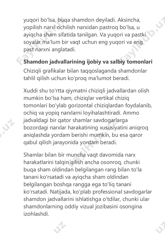 bozor sharoitlariga ishora qilishini eslashingiz kerak. agar siz jadvalni o'qiyotgan bo'lsangiz va buqa shamini topsangiz, sotib olish uchun buyurtma berishni o'ylab ko'rishingiz mumkin. boshqa tomondan, agar siz ayiqcha shamni topsangiz, siz sotuvga buyurtma berishingiz mumkin. ammo, agar siz doji singari shamni topsangiz, bozordan chetda qolish yaxshi bo'lar edi. ko'rib chiqilishi kerak bo'lgan eng muhim fikrlardan biri shamdon shakllanish joyidir. masalan, ko'tarilish tendentsiyasining yuqori qismida paydo bo'lgan doji toshi trendning o'zgarishini ko'rsatishi mumkin. ammo, agar xuddi shu naqsh uzoq davom etgan pasayish tendentsiyasi paytida paydo bo'lgan bo'lsa, bu ayirboshlash tendentsiyasining davom etishini anglatmaydi. oddiy shamdon naqshlarini o'zlashtirganingizdan so'ng, siz murakkabroq, masalan, buqa va ayiqcha 3- shamdon shakllanishiga o'tishingiz mumkin. oddiy va murakkab shamlarning asosiy farqi shundaki, ularni shakllantirish uchun zarur bo'lgan shamlar soni. bolg'a singari oddiy naqsh bitta shamdonni talab qiladigan bo'lsa, yanada murakkab naqshlar uchun odatda ikki yoki undan ortiq shamdonlar hosil bo'lishi kerak. masalan, buqa harami uchun ikkita sham, …