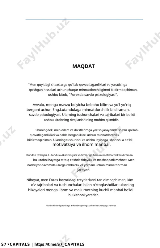 mdir. xulosa qilib aytganda, savdo psixologiyasi juda ko'p turli elementlarni o'z ichiga olgan murakkab va ko'p qirrali mavzudir. hissiyotlarni boshqarish, savdo rejasini ishlab chiqish, intizom va sabr-toqatni rivojlantirish, o'zini va bozorni tushunish va savdo ko'nikmalarini doimiy ravishda takomillashtirish kabi savdo psixologiyasining asosiy tamoyillarini tushunib, treyderlar forex bozorida muvaffaqiyat qozonish imkoniyatlarini oshirishlari mumkin. 5 6 2-bob forexda ruhiy intizomning ahamiyati savdo forex savdosida aqliy intizomning muhim jihatlaridan biri bu savdo rejasiga rioya qilish qobiliyatidir. savdo rejasida treyderning maqsadlari, risklarni boshqarish strategiyasi hamda savdolarga kirish va chiqish mezonlari belgilanishi kerak. treyderlar o'z rejalariga sodiq qolishlari va his-tuyg'ular yoki tashqi omillarga asoslangan holda undan chetga chiqmasliklari muhimdir. bu ularga impulsiv savdolardan qochishga va katta yo'qotishlarning oldini olishga yordam beradi. - forex savdosida aqliy intizomning yana bir muhim jihati risklarni boshqarishdir. bu stop-loss buyurtmalarini o'rnatish va har qanday savdoga duchor bo'lgan kapital miqdorini cheklashni o'z ichiga oladi. bu treyderlarga o'z yo'qotishlarini kamaytirishga va kapitalini …