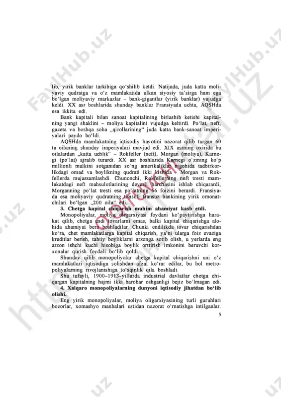 yotda dunyoda ikkinchi o‘ringa, yevropada esa birinchi o‘ringa chiqib olgan germaniyani dunyoning bunday taqsim- lanish holati aslo qoniqtirmagan. aqsh juda katta hudud, boy xomashyo zaxiralari, keng ichki bozorga ega bo‘lganligi uchun mustamlakalar zabt etishga ishtiyoq bildirmadi. buning ustiga, iqtisodiy jihatdan dunyoning yetakchi davlatiga aylanib olgan aqsh, ochiq qurolli hujum qilishdan ko‘ra boshqa davlatlarga, birinchi navbatda, lotin amerikasi mamlakatlari iqtisodiga kirib borishni afzal ko‘rdi. biroq bu aqshning yangi hududlami bosib olishdan butunlay voz kechganligini anglatmas edi. xix asming oxiriga kelib, aqsh gavayi orollarini anneksiya qildi. filippinni bosib oldi, puerto-riko va guam orollarini o‘zining yarim- mustamlakasiga aylantirdi. dudlar ega bo‘ 6 mustamlakachilik siyosati natijasida, xix asming oxiriga kelib „egallanmagan yerlar“ni bosib olish yakunlandi (8-9-betdagi xaritaga qarang. xarita kichraytirilgan rasm holatida berilgan). iqtisodiy jihat­ dan qudratli davlatlaming osiyo, afrika va lotin amerikasidagi kam taraqqiy etgan mamlakatlarga ta ’siri tobora kuchaydi. kun tartibida mustamlakalarni va ta ’sir doiralami qayta bo‘lish masalasi paydo bo‘ldi. ko‘plab …