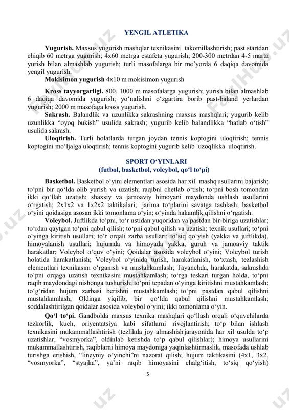 mmallashtirish (tezlikda joy almashish jarayonida har xil usulda toʻp uzatishlar, “vosmyorka”, oldinlab ketishda toʻp qabul qilishlar); himoya usullarini mukammallashtirish, raqiblarni himoya maydoniga yaqinlashtirmaslik, masofada ushlab turishga erishish, “lineyniy oʻyinchi”ni nazorat qilish; hujum taktikasini (4x1, 3x2, “vosmyorka”, “styajka”, yaʼni raqib himoyasini chalgʻitish, toʻsiq qoʻyish) 6 mukammallashtirish; darvozabonning texnik holatini mukammallashtirish; oʻrganilgan elementlar asosida musobaqa shaklidagi oʻyin. futbol. harakatlanib kelayotgan toʻplarni oyoq panja qismining ichki va tashqi tomonlari bilan toʻxtatish; uchib kelayotgan toʻpni sakrab bosh bilan urib qaytarishni bajarish; toʻpni harakat yoʻnalishini oʻzgartirib olib yurish, chalgʻitish harakatlarini qoʻllay olish; toʻpni raqibdan tortib olish; toʻpni darvozaga bosh bilan aniq yoʻnaltirish koʻnikma va malakalarini hosil qilish; oʻng va chap oyoq bilan uzoqqa tepishni takomillashtirish; oʻquvchilarni raqibdan toʻpni olib qoʻyish texnikasi; tik turgan holatda toʻpni tovon bilan toʻxtatish; texnika va taktika usullari; futbol qoidasiga koʻra ikki tomonlama oʻyin; musobaqalarda hakamlik qilish. 9-sinflar uchun yakuniy imihon biletlari qiz bolalar 1-bilet 1. yengil atletika. past startdan 60 …