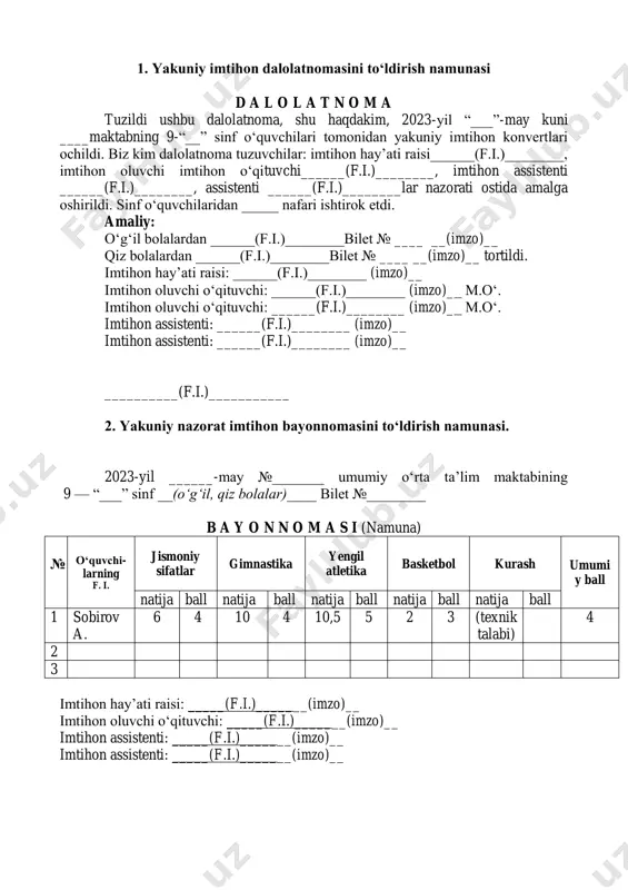 ja ball 1 sobirov a. 6 4 10 4 10,5 5 2 3 (texnik talabi) 4 2 3 imtihon hayʼati raisi: _____(f.i.)_______(imzo)__ imtihon oluvchi oʻqituvchi: _____(f.i.)_______(imzo)__ imtihon assistenti: _____(f.i.)_______(imzo)__ imtihon assistenti: _____(f.i.)_______(imzo)__ amaliy mashgʻulotlarni texnik talablari yuzasidan baholash mezoni t/r baholash mezoni ballar 1 talab qilingan mashqlarni bajarishda mashq elementlari bajarilishi ketma-ketlik asosida va ular oʻrtasidagi bogʻlanish toʻgʻri ishonchli bajarilgan boʻlib, sport anjomlaridan foydalanishda xavfsizlik texnika qoidalariga rioya etgan boʻlsa; 5 2 talab qilingan mashq erkin, ishonchli elementlarga bogʻliq holda bajarilib, 1-2 ta juzʼiy xatoga yoʻl qoʻyilib, sport anjomlaridan foydalanishda xavfsizlik texnika qoidalariga rioya etgan boʻlsa; 4 3 talab qilingan mashq ishonchsiz, elementlar qisman bajarilib, 3-4 ta juzʼiy xatoga yoʻl qoʻyilib, sport anjomlaridan foydalanishda xavfsizlik texnika qoidalariga rioya etgan boʻlsa; 3 4 talab qilingan mashq ishonchsiz, elementlar qisman bajarilib, 3-4 ta juzʼiy xatoga yoʻl qoʻyilib, sport anjomlaridan foydalanishda xavfsizlik texnika qoidalariga rioya etgan boʻlsa. mashq bajarishda 3 tadan ortiq texnik …