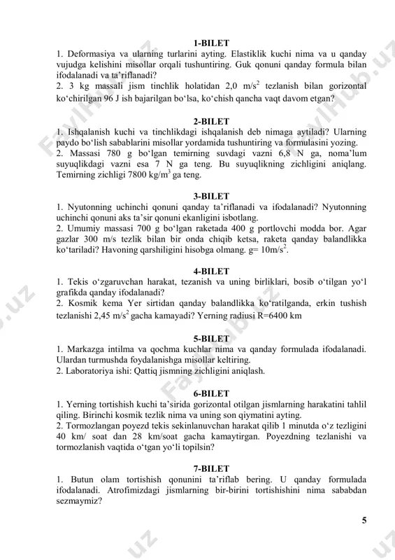 arishini misollar yordamida tushuntiring. 2. massalari 1 va 2 kg bo‘lgan 2 ta shar bir-biriga tomon 1 va 2 m/s tezlik bilan harakatlanib, noelastik to‘qnashdi. tizim kinetik energiyasi necha joul kamaygan? 11-bilet 1. og‘irlik kuchi va jismning og‘irligi deb nimaga aytiladi? ular qanday formulalarda ifodalanadi? 2. 5 kg massali miltiqdan 5 g massali o‘q 600 m/s tezlik bilan otilib chiqadi. miltiqning orqaga tepish tezligi topilsin. 12-bilet 1. tekis o‘zgaruvchan harakat deb qanday harakatga aytiladi? uni misollar yordamida tushuntirib bering. tezlanish deb nimaga aytiladi? uning formulasi va birligini ayting. qiya tekislikda harakat qilayotgan aravacha harakatini tahlil qiling. 2. 12 kg massali jismga 6 n kuch bilan 8 s davomida ta’sir etilyapti. jism tezlanishi va 8- sekund oxiridagi tezlikni toping. 13-bilet 1. aylanma tekis harakat deb nimaga aytiladi? aylanma tekis harakatda chiziqli va burchakli tezlik qanday ifodalanadi va ularning birliklarini ayting. 2. tramvay 49 m/s2 tezlanish bilan harakatlanadi. agar motor quvvatining 50% …