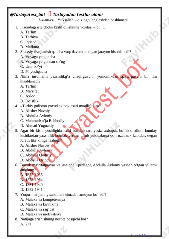 blar to’g’ri 6. toshkentda bundan qancha yil avval ko’chirilgan qur’oni karim nusxasi saqlanadi? a. 1100 yil b. 1200 yil c. 1300 yil d. 1500 yil 7. “wikipediya” electron ensiklopediyasida bugungi kunda qancha maqolalar mavjud? a. 4,1 mln b. 4,7 mln c. 4,9 mln d. 5,1 mln 8. ikki narsa borki, ko‘pchilik uning qadriga yetmaydi. biri – sog‘lik, ikkinchisi esa – bo‘sh vaqt. ushbu hikmat qayerdan olingan? a. hadis b. ma’naviyat xazinasidan c. qobusnomadan d. sharq hikmatidan 9. olimlarning tadqiqotlariga ko‘ra, yaxshi odatni shakllantirish necha hafta davom etadi? a. 10 hafta b. 15 hafta c. 1 oy d. 1 yil 10. “fozil odamlar shahri” asarining muallifi kim? a. beruniy b. forobiy c. ibn sino d. navoiy 1 2 3 4 5 6 7 8 9 10 a d b b d c b a a b 8-mavzu: baxt – oilada. 1. qaysi alloma sog‘lom bolani tarbiyalashni uning tug‘ilgan vaqtidanoq boshlash kerak …