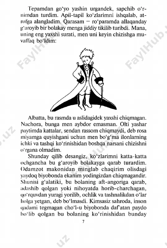 nini hadeganda bilib ololmadim. kichkina shahzoda meni savollarga ko‘- mib tashlar, ammo o‘zidan biror nimani so‘rasam, eshitmaganga olar edi. faqat, anchadan keyin, gap orasida tasodifan aytib qolgan ba’zi so‘zlaridan uning sirli tashrifi birmuncha oydinlashdi. masalan, sa- molyotimni birinchi marta ko‘rganida (samolyot ras- mini chizib o‘tirmayman, negaki, buni bari bir ep- layolmayman), u shunday deb so‘radi: — bu qanaqa narsa? — bu narsa emas, samolyot. mening samolyotim, u uchadi. keyin unga osmoni falakda uchish qo‘limdan kelishini faxrlanib aytdim. shunda u: - e, shoshma! sen hali osmondan qulab tush- dingmi? — deya xitob qilib qoldi. - ha, — dedim kamtarlik bilan. - ana xolos! qiziq-kul kichkina shahzoda shunday deb qo‘ng‘iroqdek tovush bilan kulib yubordi. buni ko‘rib picha ach- chiglm chiqdi: axir men, boshimga kulfat tushgan- ila, odamlar bunga jiddiy munosabatda bo‘lishla- rini yoqtiraman-da. birozdan keyin u: » 4> 0 o 11 — demak, sen ham osmondan tushib kelibsan- da, — dedi. — …
