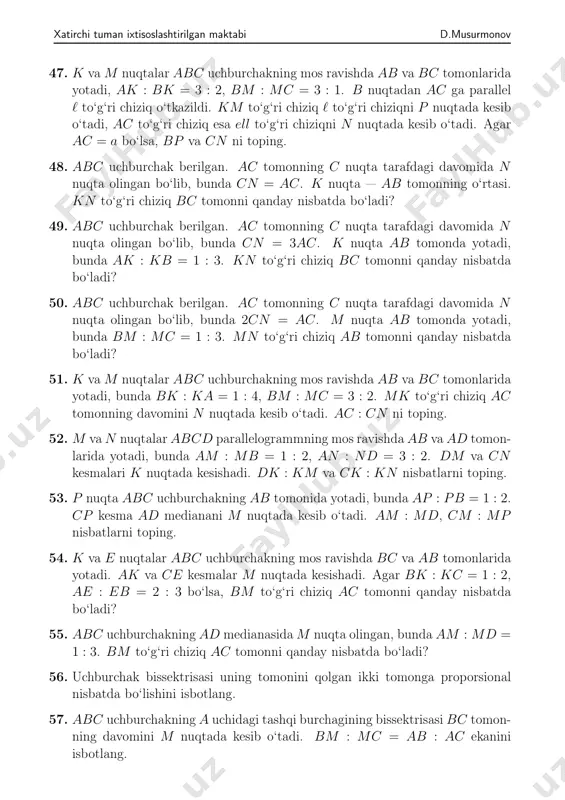 𝐶𝐵. agar 𝐴𝐵 = 𝑐, 𝐵𝐶 = 𝑎 va 𝐴𝐶 = 𝑏 bo‘lsa, 𝐴𝑀 ni toping. 42. 𝐴𝐵𝐶 uchburchakka 𝐷𝐸𝐶𝐹 romb ichki chizilgan bo‘lib, bunda 𝐸 nuqta 𝐵𝐶 kesmada, 𝐹 nuqta 𝐴𝐶 kesmada, 𝐷 nuqta 𝐴𝐵 kesmada yotadi. agar 𝐵𝐶 = 12, 𝐴𝐶 = 6 bo‘lsa, rombning tomonini toping. 43. uchburchakning har bir tomoni teng uch qismga bo‘lingan. uchlari bo‘linish nuqtalarida bo‘lgan oltiburchakni qaraylik. oltiburchakning qarama-qarshi uchlarini tutashtiruvchi cuhta dioganali bitta nuqtada kesishishini isbotlang. 44. qavariq to‘rtburchakning har bir tomoni teng uch qismga bo‘lingan. qarama- qarshi tomonlardagi mos bo‘luvchi nuqtalar kesmalar yordamida tutashtiril- gan. bu kesmalar bir-birini teng uch qismga bo‘lishini isbotlang. 45. 𝐴𝐵𝐶 uchburchakning yuzi 𝑆 ga teng. tomonlari 𝐴𝐵𝐶 uchburchakning me- dianalariga teng bo‘lgan uchburchakning yuzini toping. 46. teng yonli uchburchakka aylana ichki chizilgan. aylananing yon tomonlarga urinish nuqtalari har bir yon tomonni uchburchak uchidan boshlab hisobla- ganda 𝑚 va 𝑛 kesmalarga ajratadi. aylanaga uchburchakning har bir tomoniga …