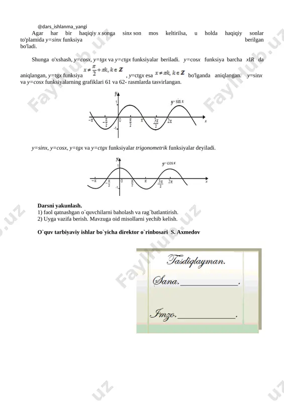 t\algebra 9-sinf\data\images\img6\rasm-2568.gif] faqat [image: c:\program files (x86)\imt\algebra 9-sinf\data\images\img23\eq-1679448431.gif] bo'lgan burchaklar uchun, ya'ni [image: c:\program files (x86)\imt\algebra 9-sinf\data\images\img6\rasm-2570.gif] dan boshqa ixtiyoriy burchaklar uchun aniqlangan. sinus, kosinus, tangens va kotangenslarning ko'proq uchrab turadigan qiymatlari jadvalini keltiramiz. [image: c:\program files (x86)\imt\algebra 9-sinf\data\images\img23\eq-1542656510.gif] 0 [image: c:\program files (x86)\imt\algebra 9-sinf\data\images\img6\rasm-2559.gif] [image: c:\program files (x86)\imt\algebra 9-sinf\data\images\img6\rasm-2561.gif] [image: c:\program files (x86)\imt\algebra 9-sinf\data\images\img6\rasm-2563.gif] [image: c:\program files (x86)\imt\algebra 9-sinf\data\images\img6\rasm-2565.gif] [image: c:\program files (x86)\imt\algebra 9-sinf\data\images\img6\rasm-2567.gif] [image: c:\program files (x86)\imt\algebra 9-sinf\data\images\img6\rasm-2569.gif] [image: c:\program files (x86)\imt\algebra 9-sinf\data\images\img6\rasm-2571.gif] (0°) (30°) (45°) (60°) (90°) (180°) (270°) (360°) [image: c:\program files (x86)\imt\algebra 9-sinf\data\images\img23\eq-694054902.gif] 0 [image: c:\program files (x86)\imt\algebra 9-sinf\data\images\img6\rasm-2573.gif] [image: c:\program files (x86)\imt\algebra 9-sinf\data\images\img6\rasm-2575.gif] [image: c:\program files (x86)\imt\algebra 9-sinf\data\images\img6\rasm-2577.gif] 1 0 -1 0 [image: c:\program files (x86)\imt\algebra 9-sinf\data\images\img23\eq-503067925.gif] 1 [image: c:\program files (x86)\imt\algebra 9-sinf\data\images\img6\rasm-2579.gif] [image: c:\program files (x86)\imt\algebra 9-sinf\data\images\img6\rasm-2581.gif] [image: c:\program files (x86)\imt\algebra 9-sinf\data\images\img6\rasm-2583.gif] 0 -1 0 1 [image: c:\program files (x86)\imt\algebra 9-sinf\data\images\img23\eq-426528028.gif] 0 [image: c:\program files (x86)\imt\algebra 9-sinf\data\images\img6\rasm-2585.gif] 1 [image: c:\program fi