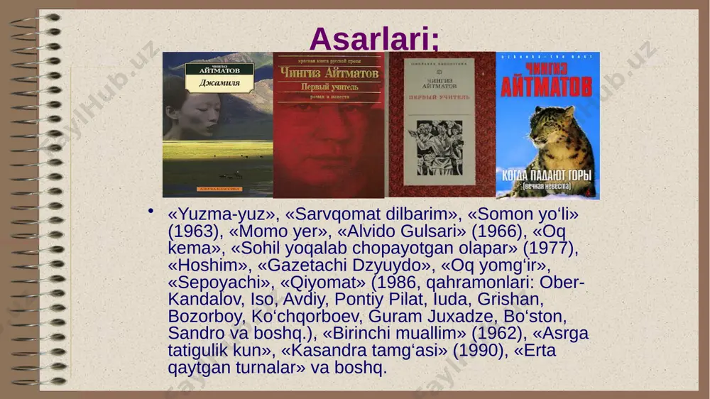 pa ona bayit qabristoni sario`zak dashti f-fikringizni bayon eting s-bu fikrning sababini ayting m-sababni asoslovchi misol keltiring u- fikrlaringizni umumlashtiring tartibi:kichik guruhlar topshiriq beriladi.ular jamoa orasida o`z ishini himoya qiladi.masalan:,, asar haqidagi tasavvuringiz qanday?” f-,,asrga tatigulik kun“ asari inson ruhiy olamiga tez ta’sir qiladi. s-chunki asarda o`z tilini ,urf-odatlarini,o`zligini unutishning oqibatlari ko`rsatilgan. m- sobitjonning xarakteri va jo`lamonning ayanchli taqdiri bunga misoldir. u-asarda xalq dardi aks etsa,dilga,ko`ngilga tez kirib boradi. noto`g`ri to`g`ri noto`g`ri to`g`ri qozog`iztonning qirg`izistonning otasi aytmat otasi to`raqul aytmatov qishloq maktabida rus maktabida 1945-1948-yil 1956-1958-yillar ,,chala xat”mashg`uloti ,,chala xat”usulida bo`sh o`zlashtirayotgan o`quvchilar uchun ,,quyidagi matnni to`ldiring” topshirig`i beriladi: chingiz aytmatov _____________________ tug`ilgan. bobosi ________bo`lgan. ________ qirg`izistonda savodsizlikni tugatish yo`lida astoydil xizmat qilgan.1957-yilda ,,________”, 1958-yilda ,,__________”qissalarini chop etgan. o`quvchi mustaqil yoki darslik bilan ishlab javob topadi. adashtirdim topingchi iqtidorli o`quvchilar uchun ,,adashtirdim, toping-chi!” usulida tarqatma yoki ko`rgazma tayyorlash mumkin.unga ko`ra ,quyidagi matndagi ayrim ma’lumotlar noto`g`ri, o`quvchi uni topib ,jadvalga joylashtiradi. …