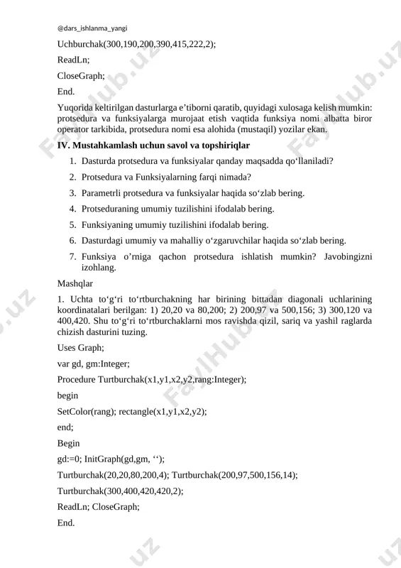 riritng: ’); readln(n); for i:=1 to n begin summa(i); s:=s+s1; end; writeln(‘s=’,s); readln; end. v. uyga vazifa 3. uchta sondan kattasini topish dasturini tuzing. buning uchun ikkita sondan kattasini topish funksiyasini tuzing va undan foydalaning. image1.png image2.png