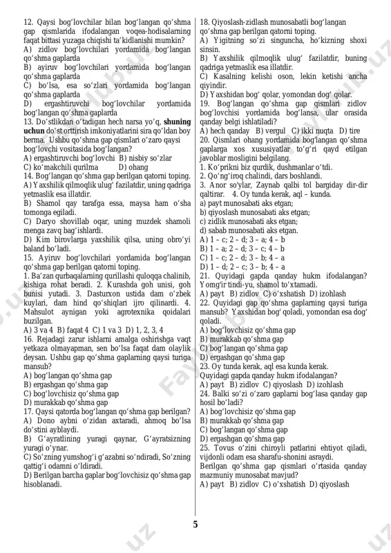 chi bo’g’lovchilar yordamida bo’g’langan qo’shma qanday qo’shma gap hisoblanadi? a. bog'langan qo'shma gap b. bog'lovchisiz qo'shma gap c. ergashgan qo'shma gap d. murakkab qo'shma gaplar.. 11.bog 'lovchi vazifasidagi vositalarni toping. a. bo'lsa, esa, deb, -sa c. -u,-yu,-da,-ki b. nisbiy so'zlar, shuning uchun d. a,b,c 5 12. qaysi bog‘lovchilar bilan bog‘langan qo‘shma gap qismlarida ifodalangan voqea-hodisalarning faqat bittasi yuzaga chiqishi ta’kidlanishi mumkin? a) zidlov bog‘lovchilari yordamida bog‘langan qo‘shma gaplarda b) ayiruv bog‘lovchilari yordamida bog‘langan qo‘shma gaplarda c) bo‘lsa, esa so‘zlari yordamida bog‘langan qo‘shma gaplarda d) ergashtiruvchi bog‘lovchilar yordamida bog‘langan qo‘shma gaplarda 13. do‘stlikdan o‘tadigan hech narsa yo‘q, shuning uchun do‘st orttirish imkoniyatlarini sira qo‘ldan boy berma. ushbu qo‘shma gap qismlari o‘zaro qaysi bog‘lovchi vositasida bog‘langan? a) ergashtiruvchi bog‘lovchi b) nisbiy so‘zlar c) ko‘makchili qurilma d) ohang 14. bog‘langan qo‘shma gap berilgan qatorni toping. a) yaxshilik qilmoqlik ulug‘ fazilatdir, uning qadriga yetmaslik esa illatdir. b) shamol qay tarafga essa, maysa ham o‘sha …